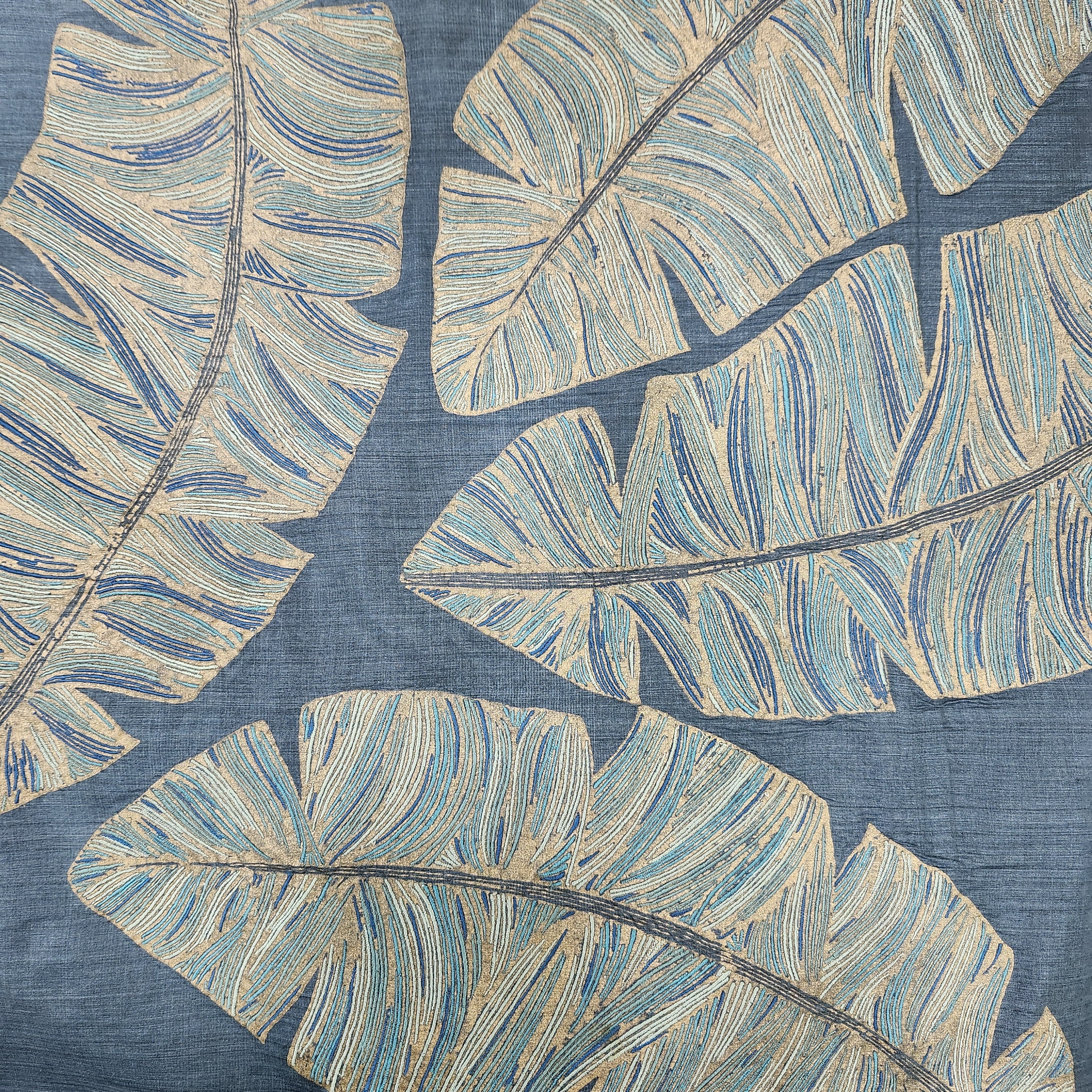Banana Leaf embroidered silk cushion in aqua with blue, teal and grey embroidery, 45 x 45 cm, Rasa Jaipur