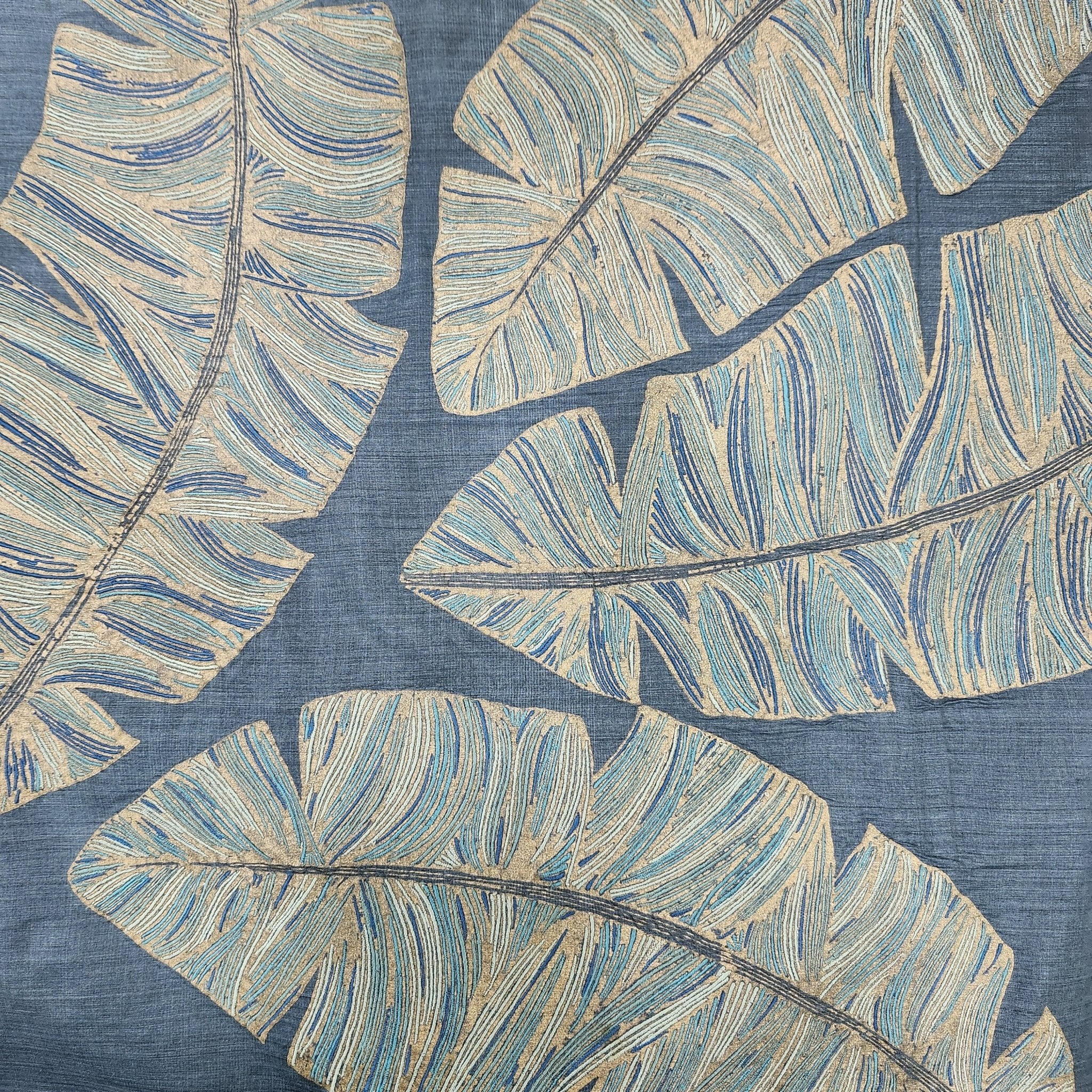 Banana Leaf embroidered silk cushion in aqua with blue, teal and grey embroidery, 45 x 45 cm, Rasa Jaipur