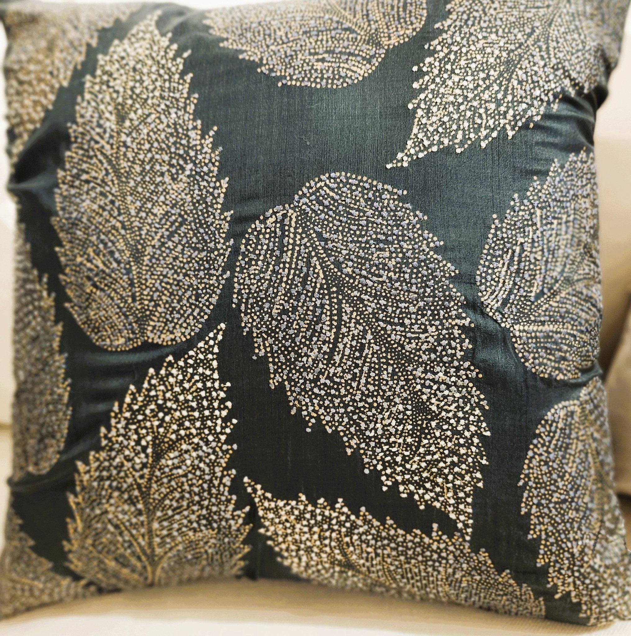 Birch Leaf embroidered cushion, 45 x 45 cm, detail of block-print and hand embroidery