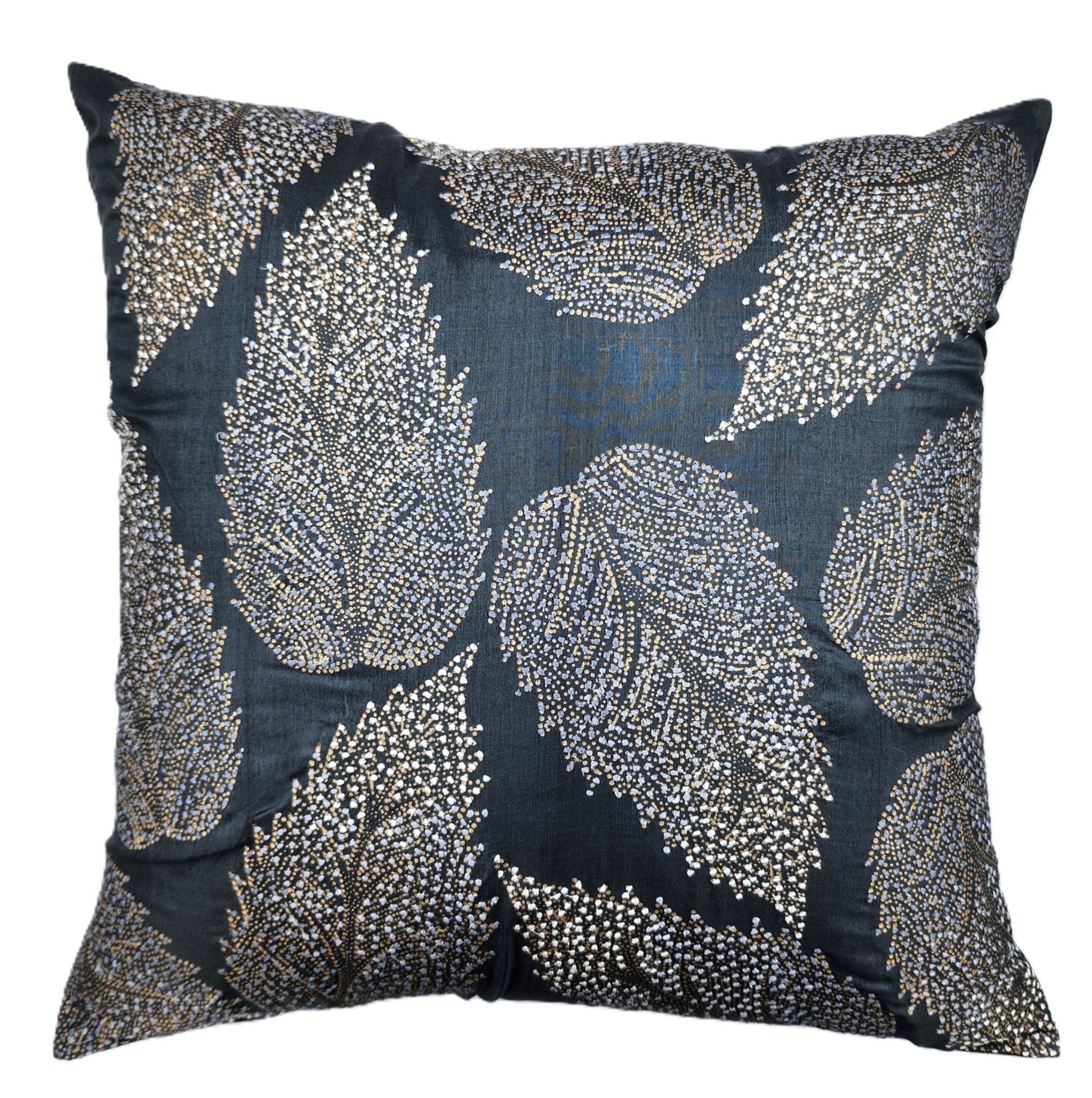 Birch Leaf embroidered silk cushion in blue-black with grey and gold embroidery, 45 x 45 cm, Rasa Jaipur
