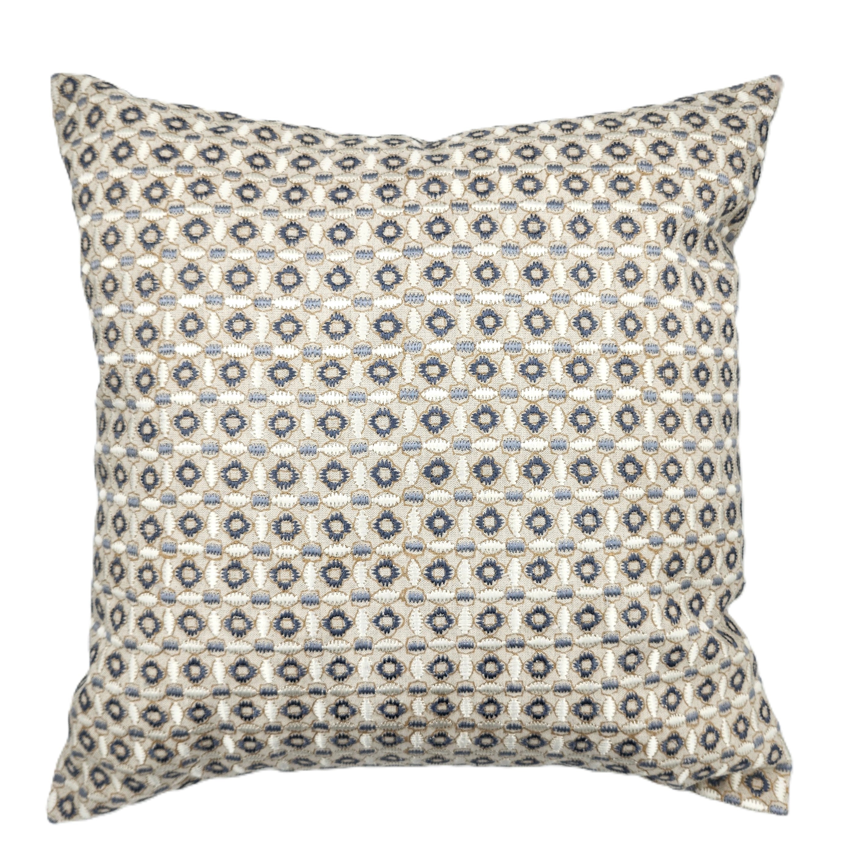 Crescent embroidered cushion in blue, grey, gold and cream, 45 x 45 cm, cotton linen, Rasa Jaipur