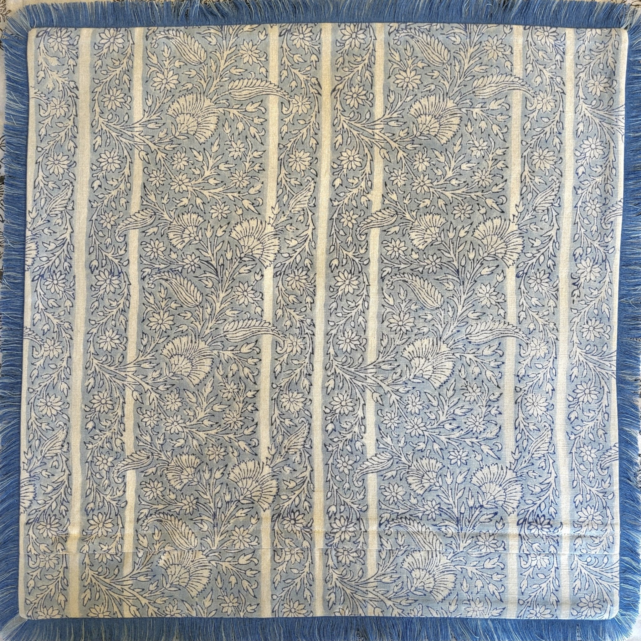 Blue Gazal block-print linen cushion cover, flat view