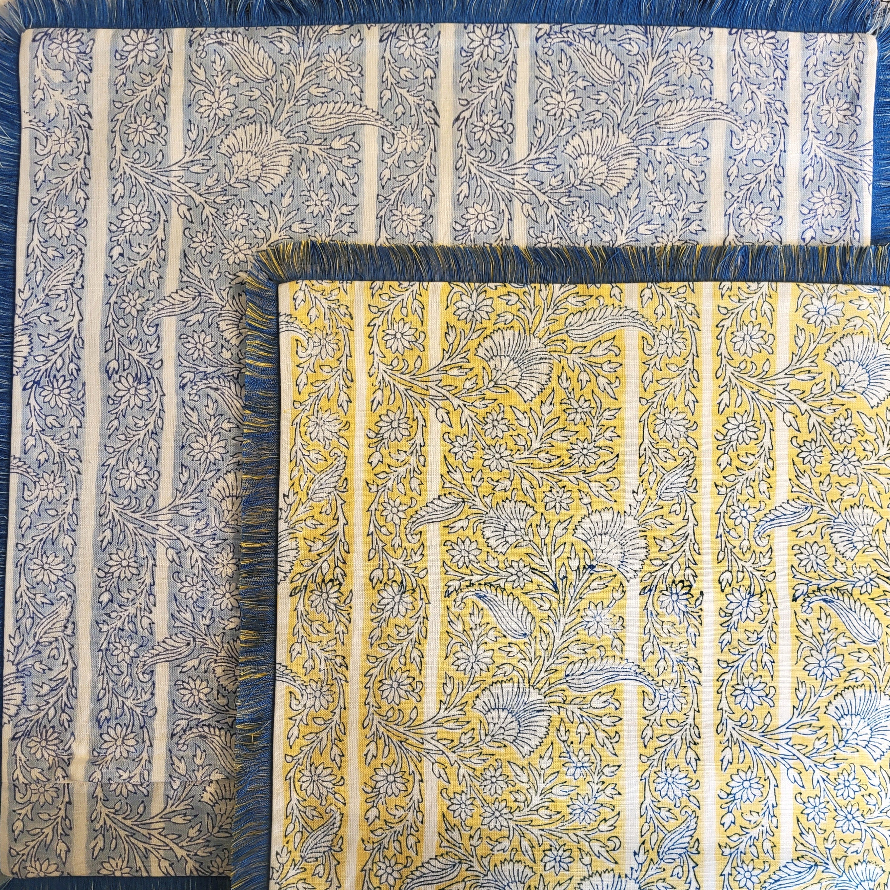 Pair of Gazal floral block-print linen cushion covers with fringe
