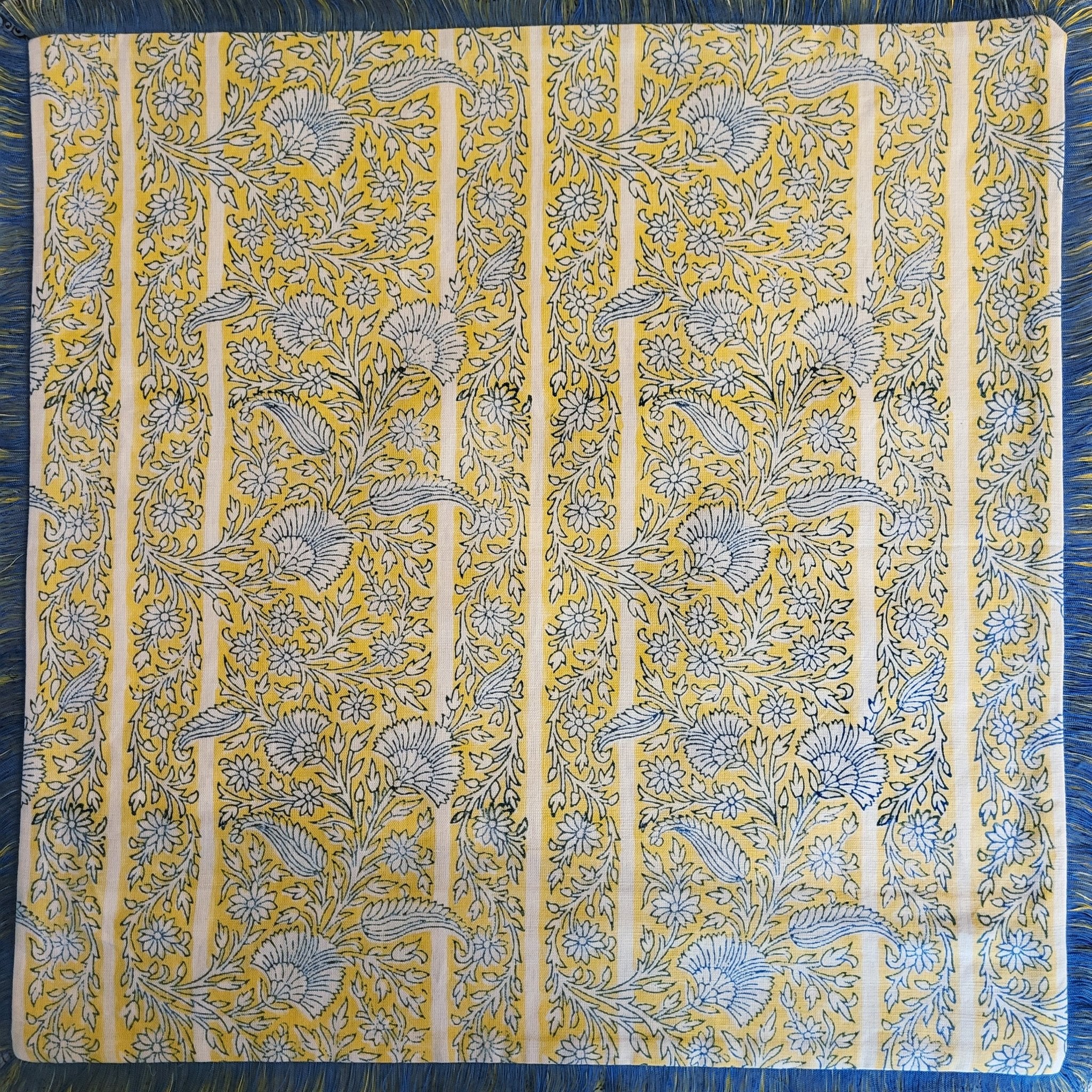 Yellow Gazal block-print linen cushion cover, flat view