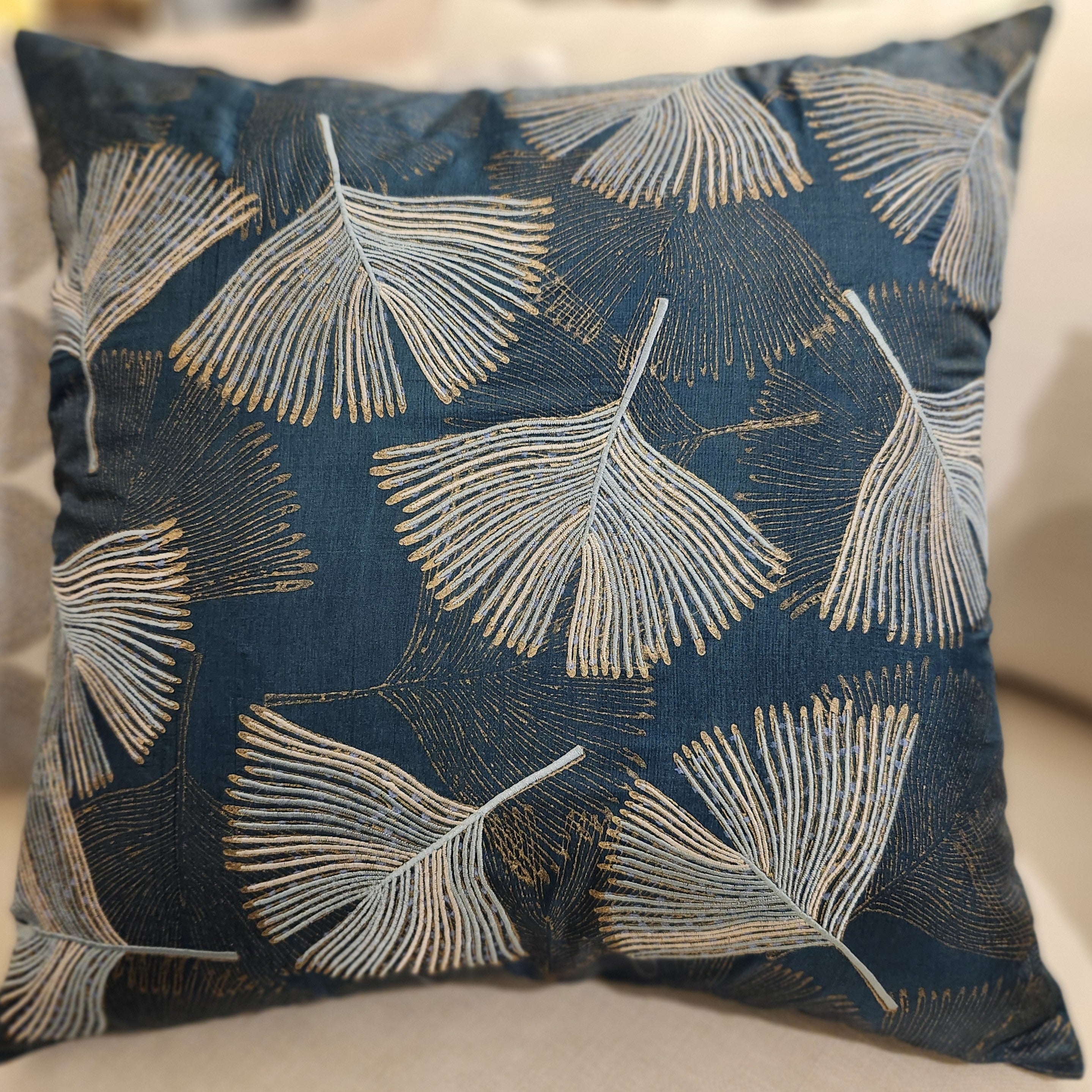 Ginkgo Leaf embroidered cushion, 45 x 45 cm, detail of fan-shaped leaf block print