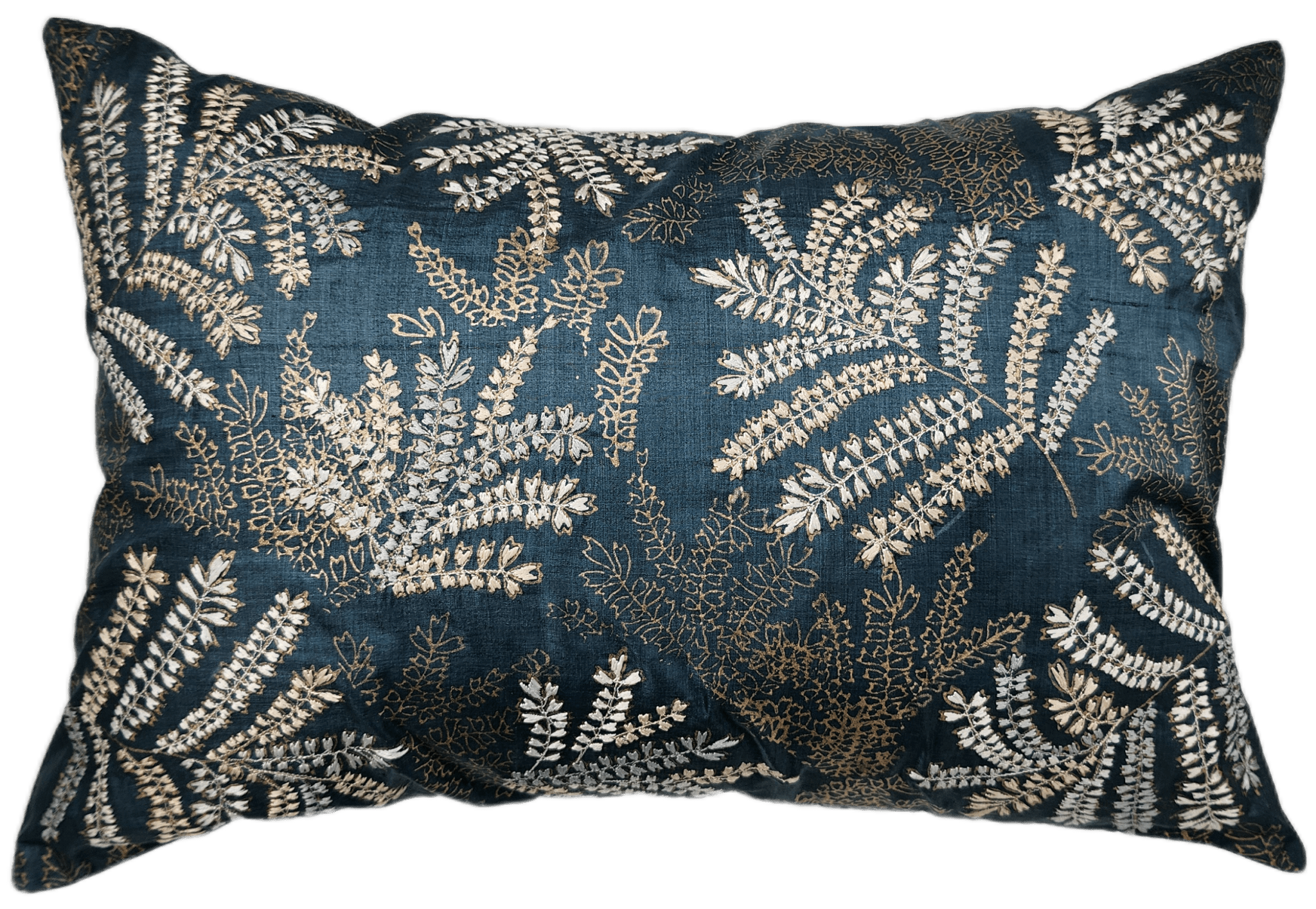 Khejri Leaf embroidered silk cushion in grey, blue and gold, 30 x 45 cm, Rasa Jaipur