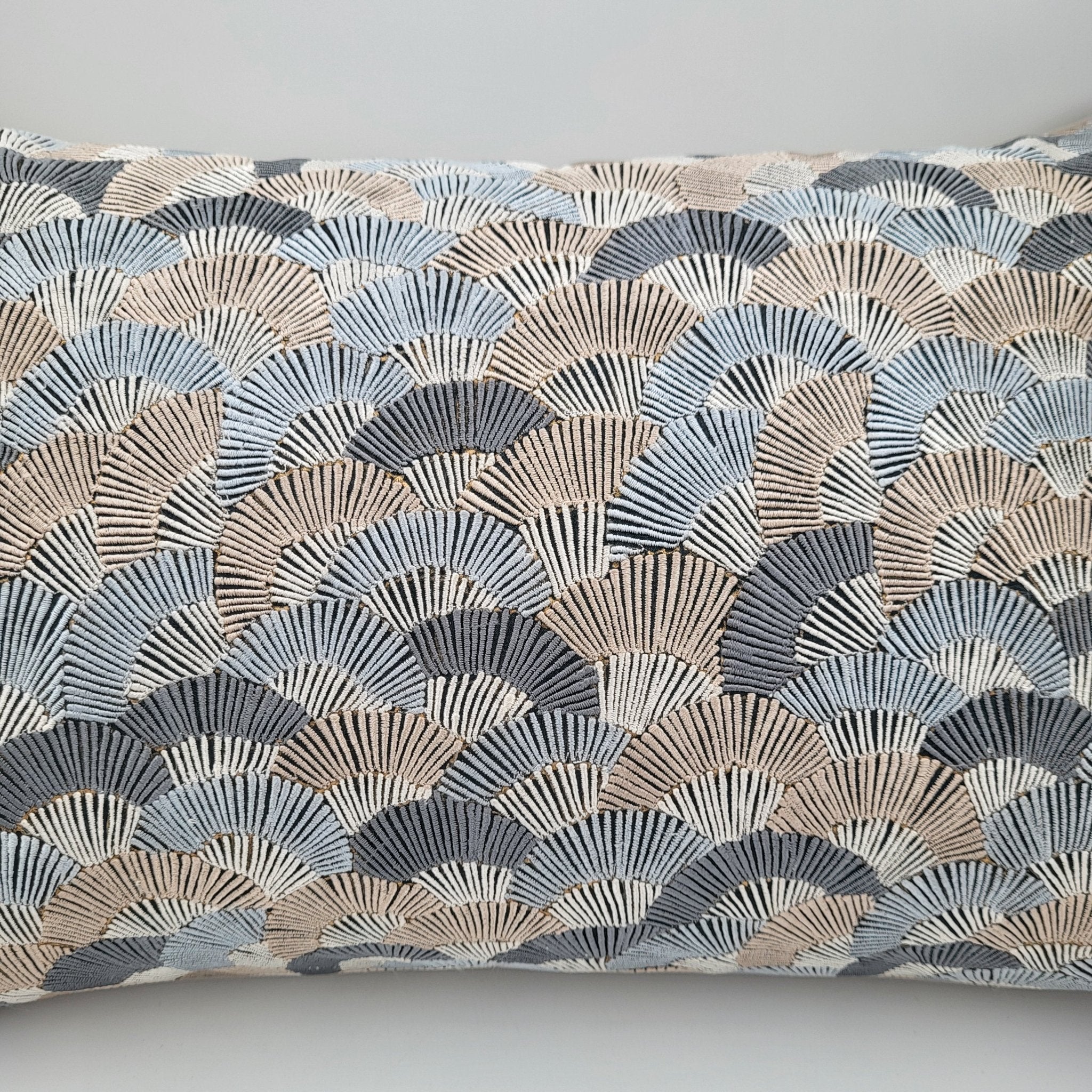 Fans embroidered cushion in black with grey and taupe hand-embroidery, 30 x 46 cm, styled