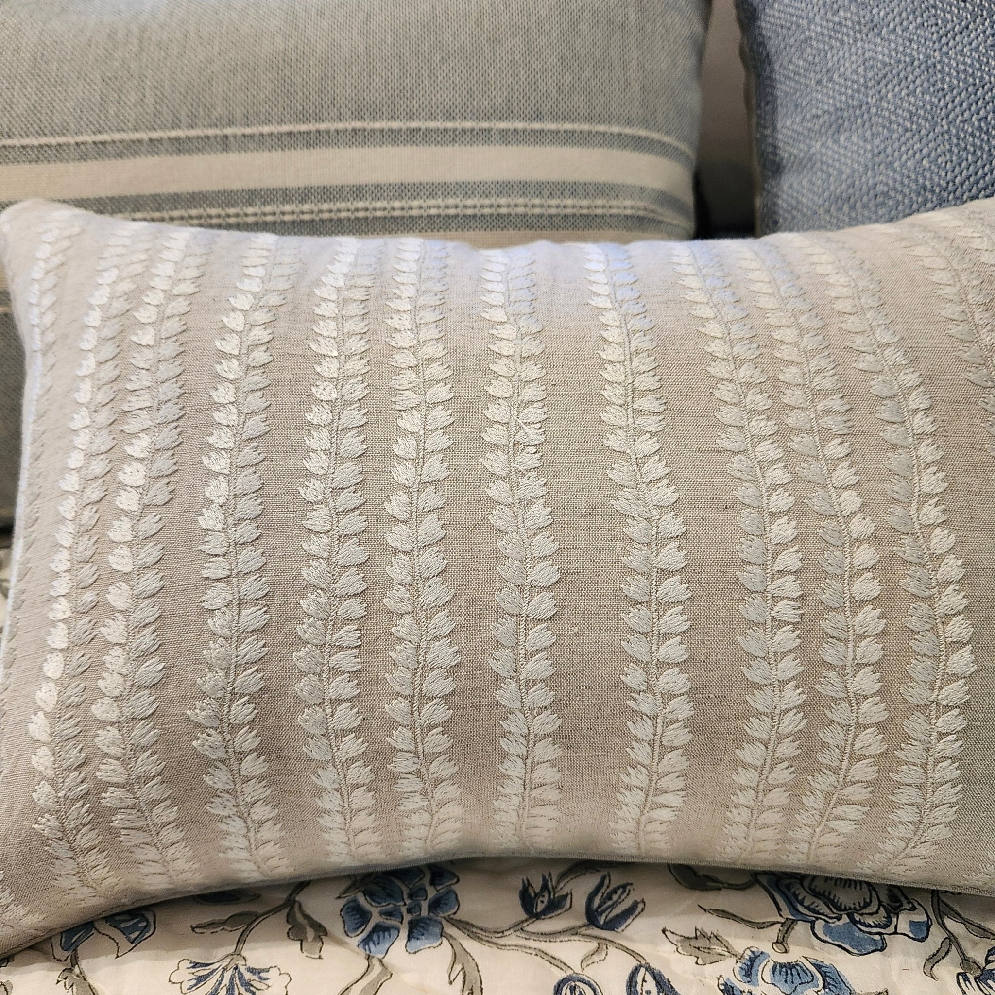 Natural Beige embroidered cushion by Rasa Jaipur, 30 x 46 cm, cotton linen with piped edge