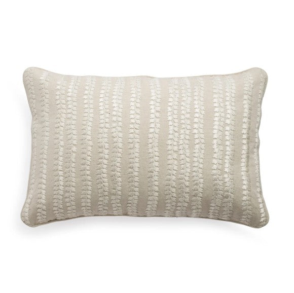 Natural Beige embroidered linen cushion with white floral stripe embroidery, 30 x 46 cm, Rasa Jaipur