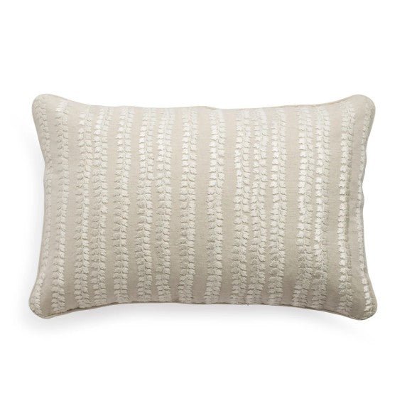 Natural Beige embroidered linen cushion with white floral stripe embroidery, 30 x 46 cm, Rasa Jaipur