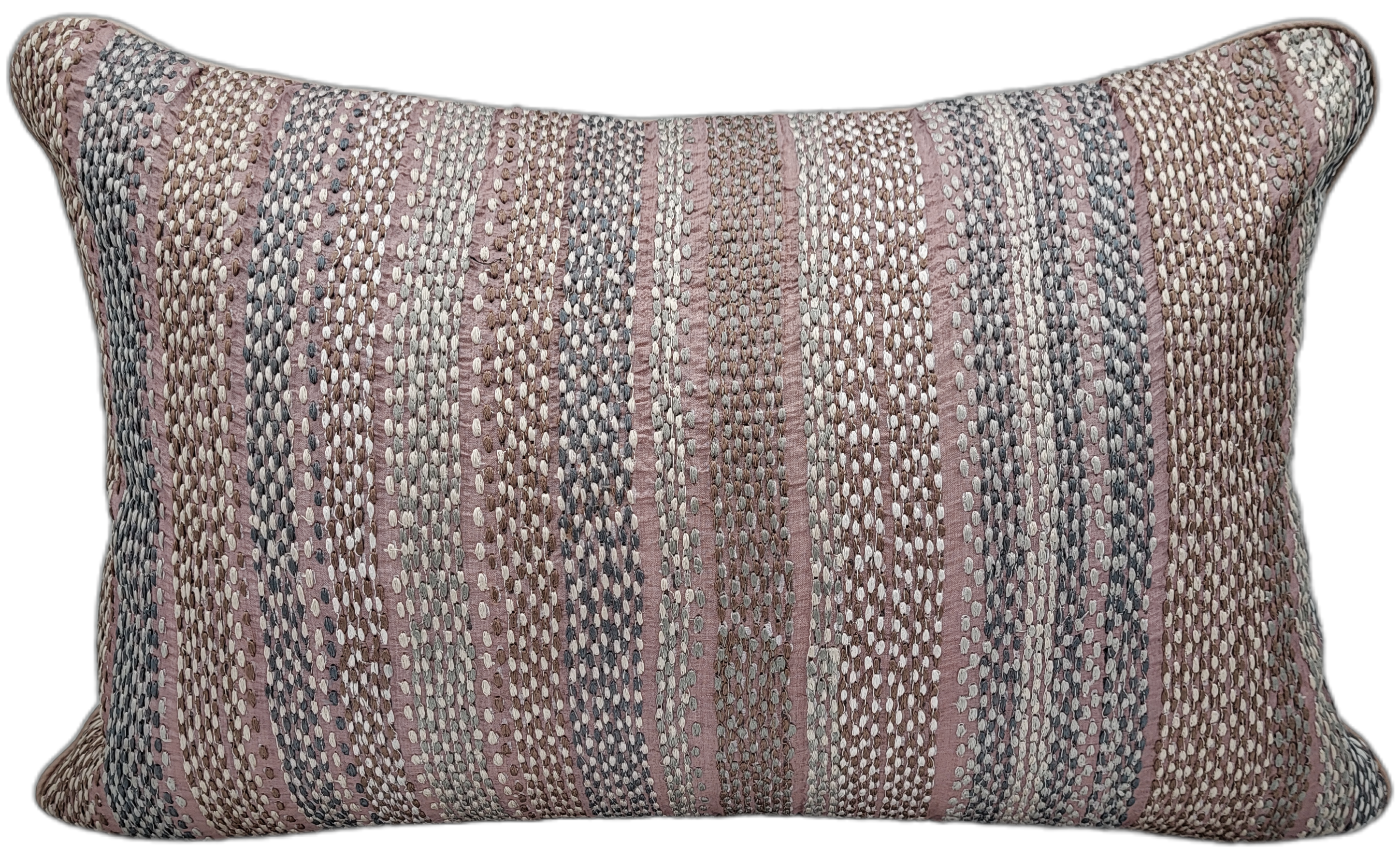 Shell pink striped embroidered silk cushion in pink, grey and brown, 30 x 46 cm, Rasa Jaipur