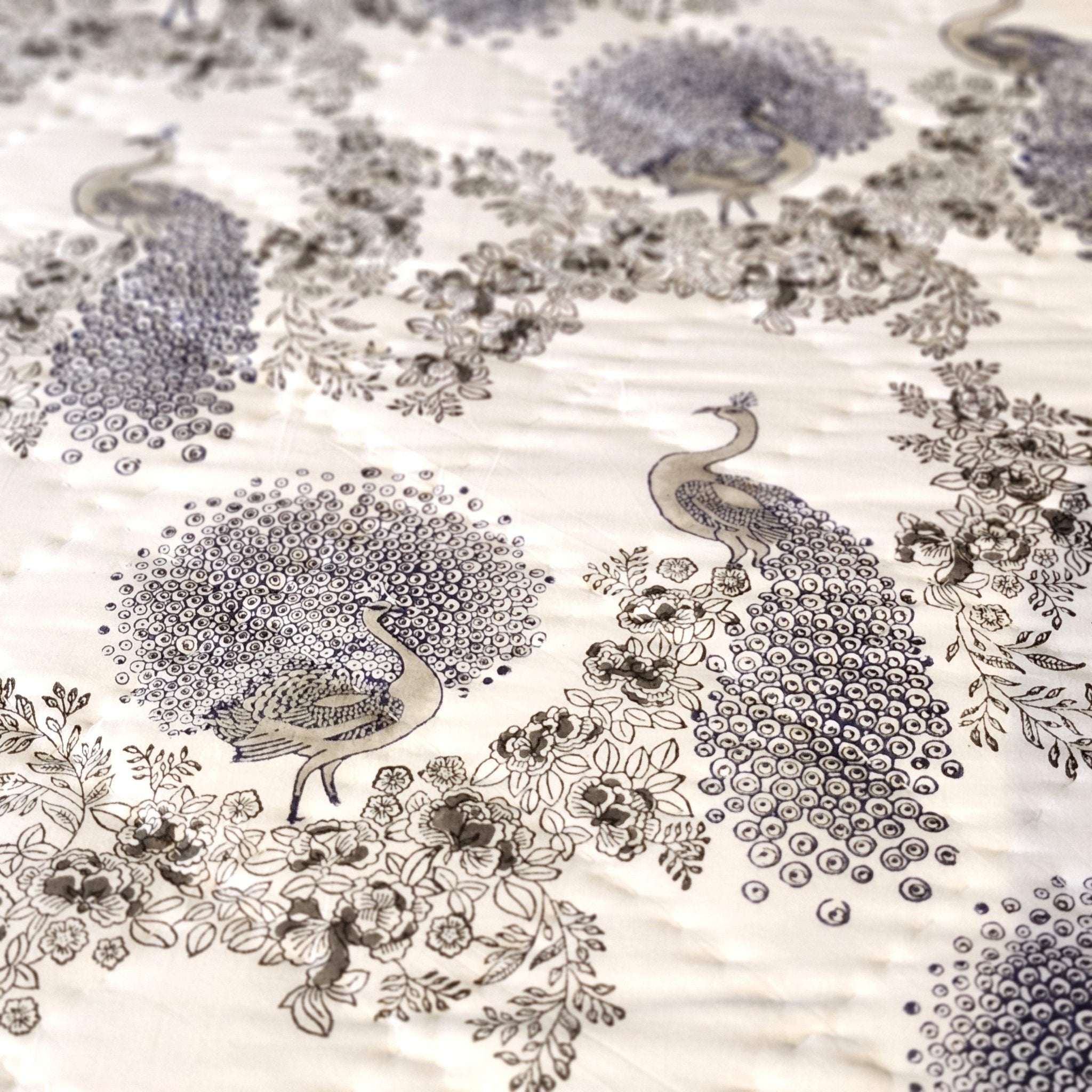 Detail of the Samode Peacock block-print quilt