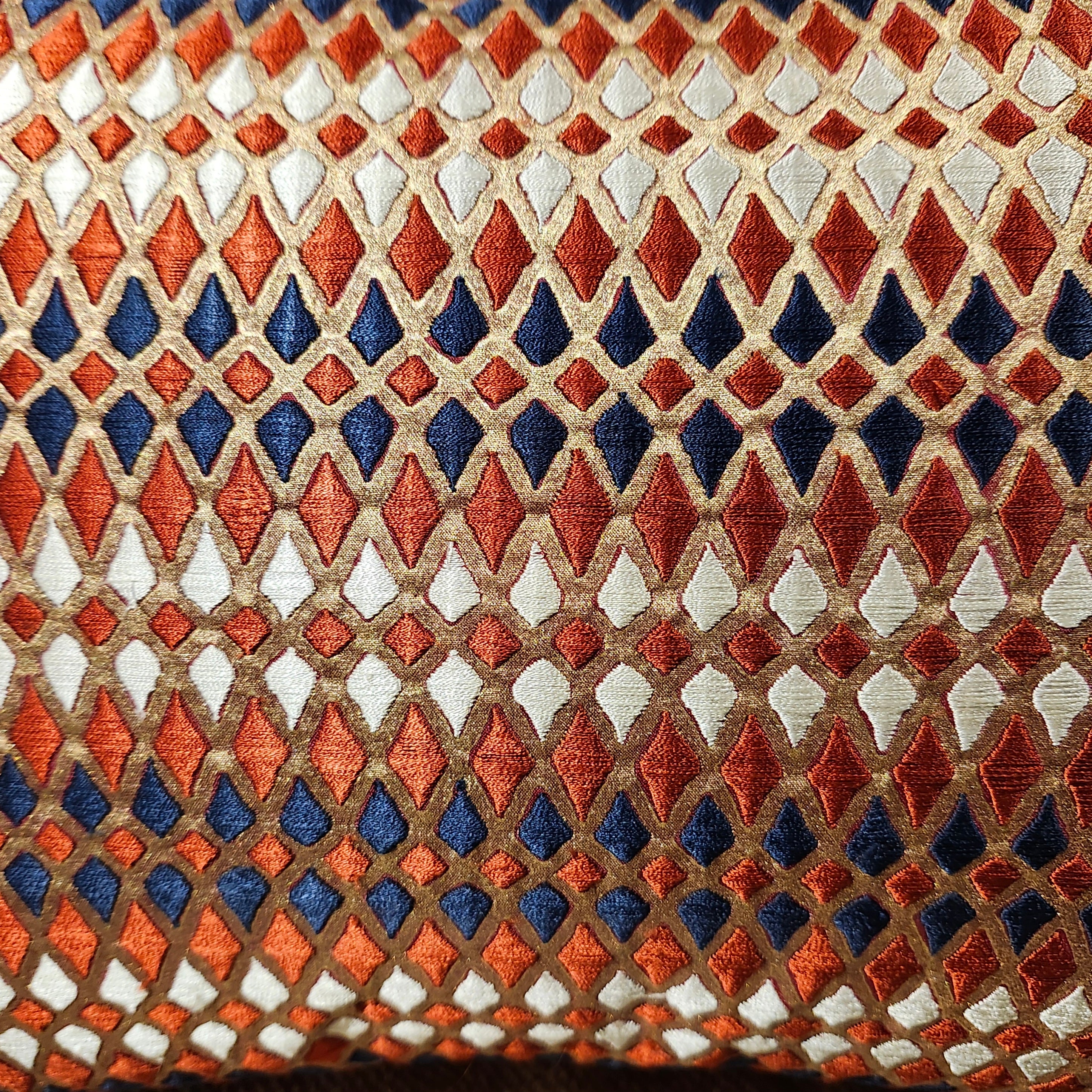 Embroidered cushion diamond red and gold by Rasa Jaipur, 30 x 46 cm, styled view