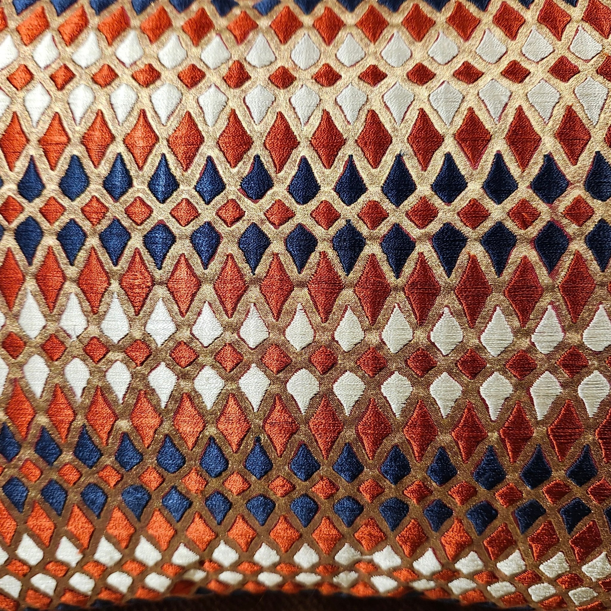 Embroidered cushion diamond red and gold by Rasa Jaipur, 30 x 46 cm, styled view