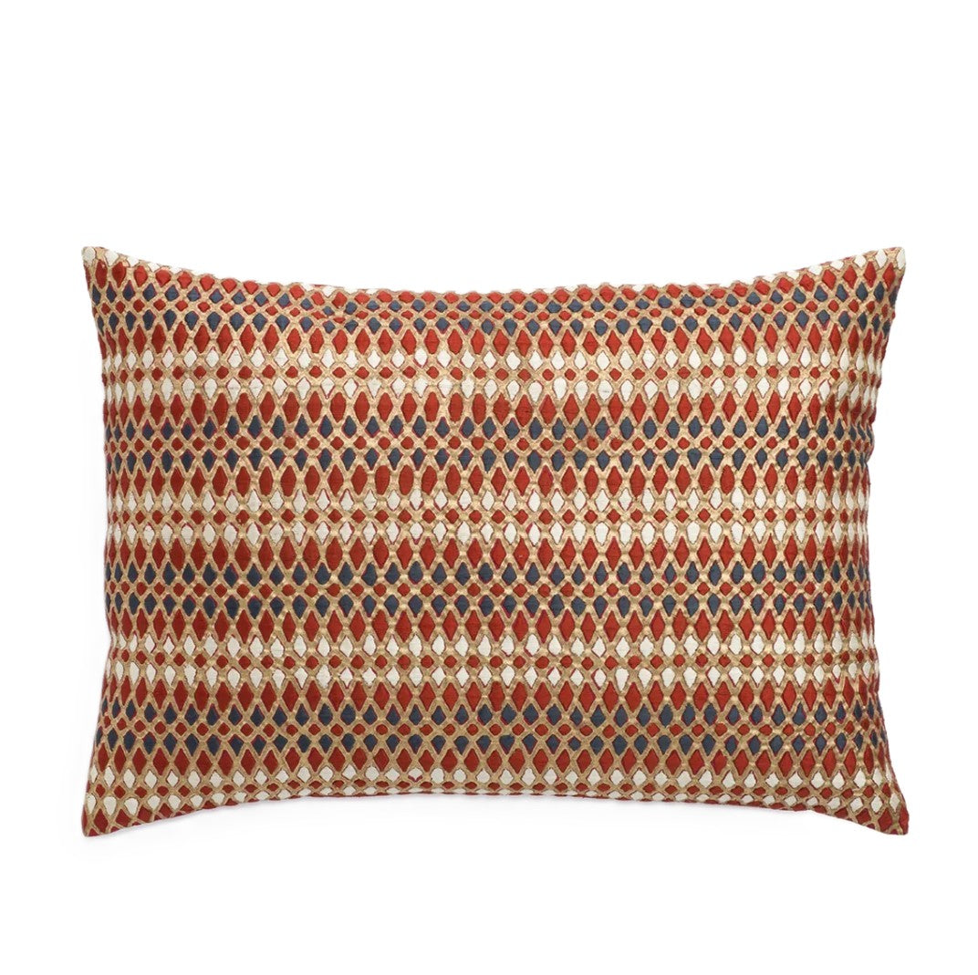 Embroidered silk cushion with diamond pattern in red and gold with black accents, 30 x 46 cm, Rasa Jaipur