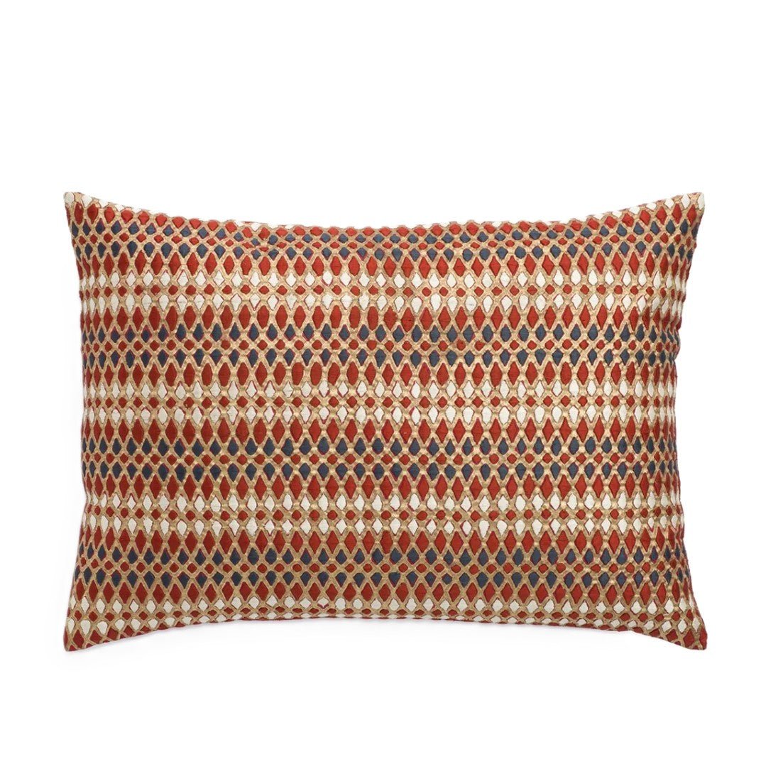 Embroidered silk cushion with diamond pattern in red and gold with black accents, 30 x 46 cm, Rasa Jaipur