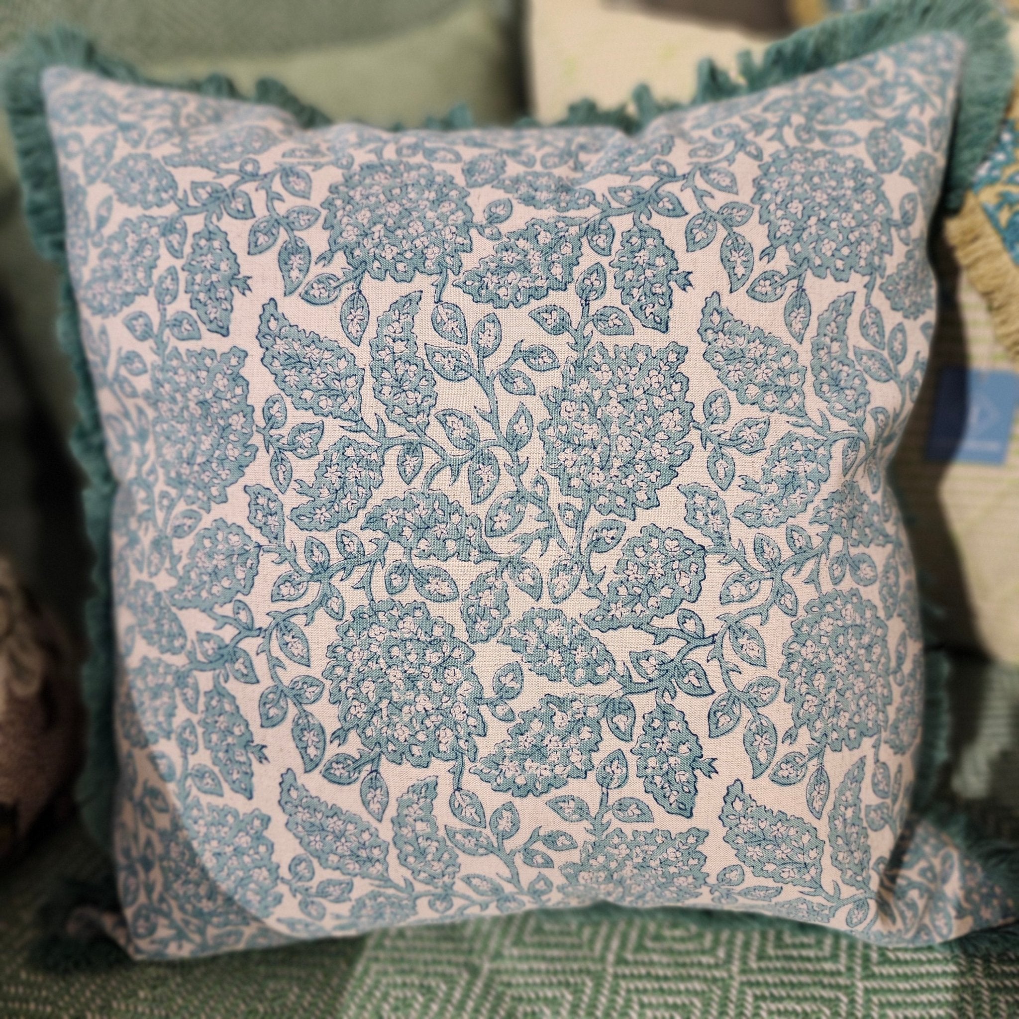 Shahnaz block-print linen cushion in aqua, 45 cm