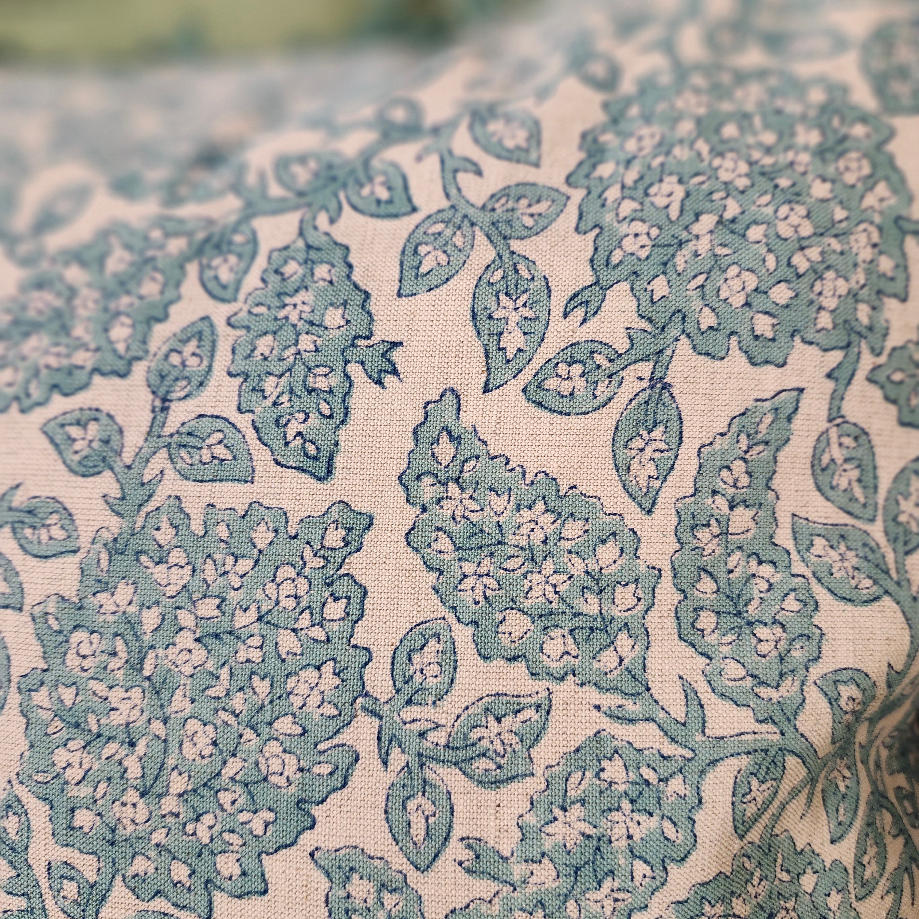 Aqua Shahnaz floral block-print linen cushion cover