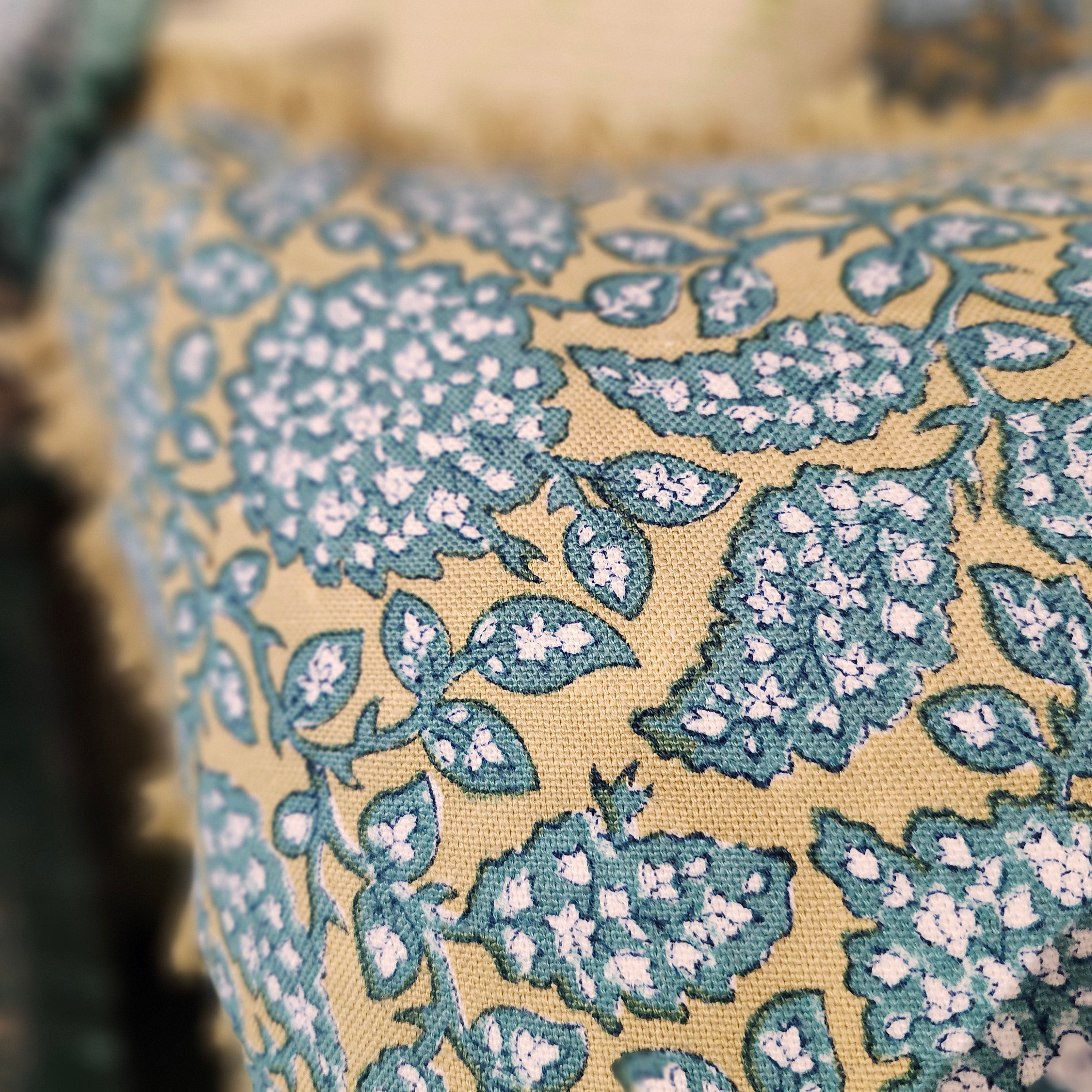 Shahnaz block-print linen cushion in green, 45 cm