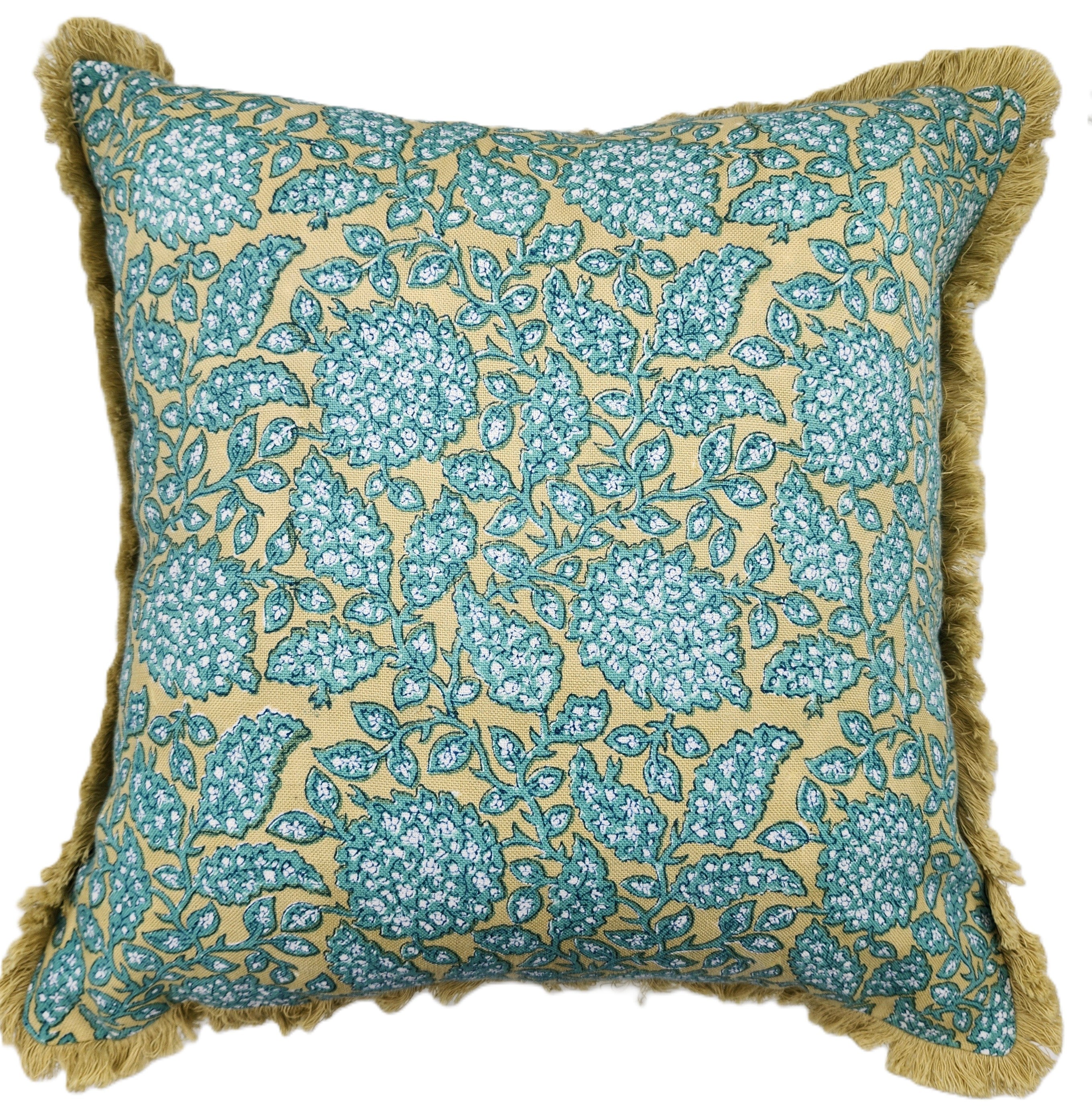Shahnaz green block-print linen cushion, detail view
