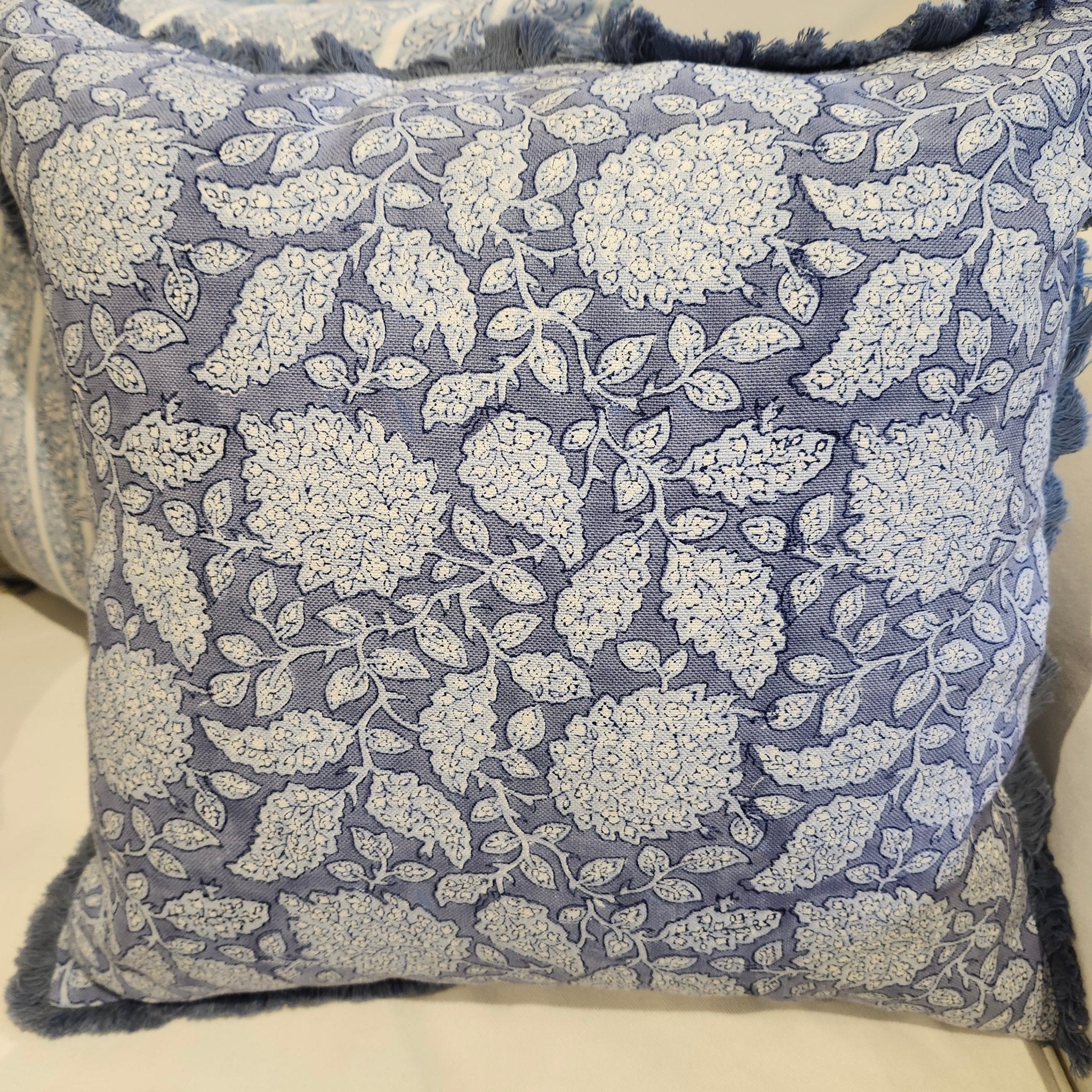 Shahnaz block-print linen cushion in indigo, 45 cm