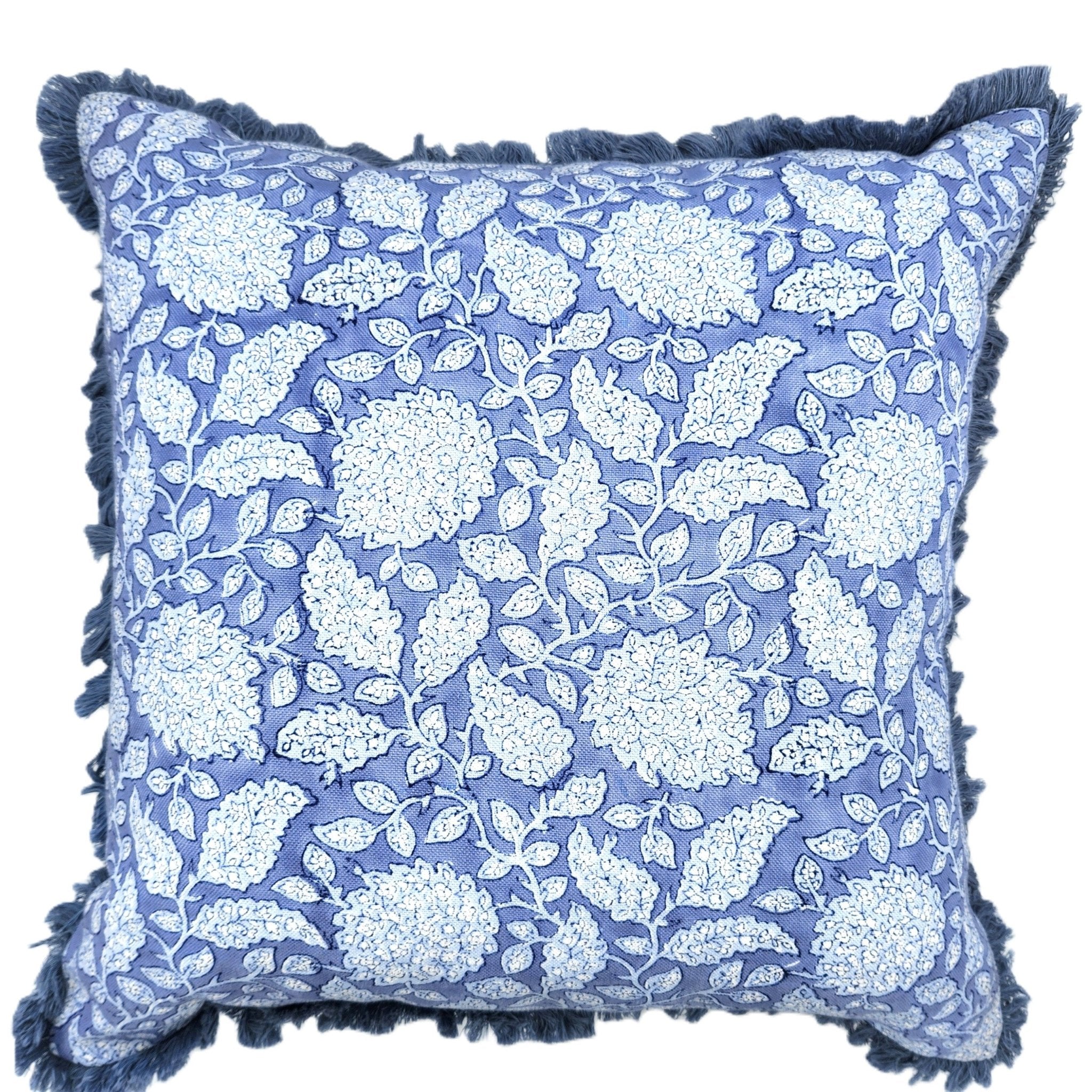 Shahnaz indigo block-print linen cushion, detail view