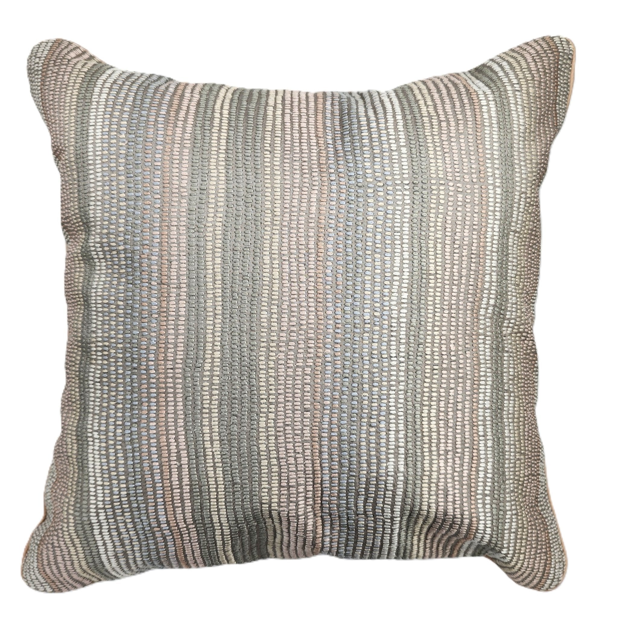 Tinka embroidered silk striped cushion in cream, beige, grey and pink, 46 x 46 cm, Rasa Jaipur