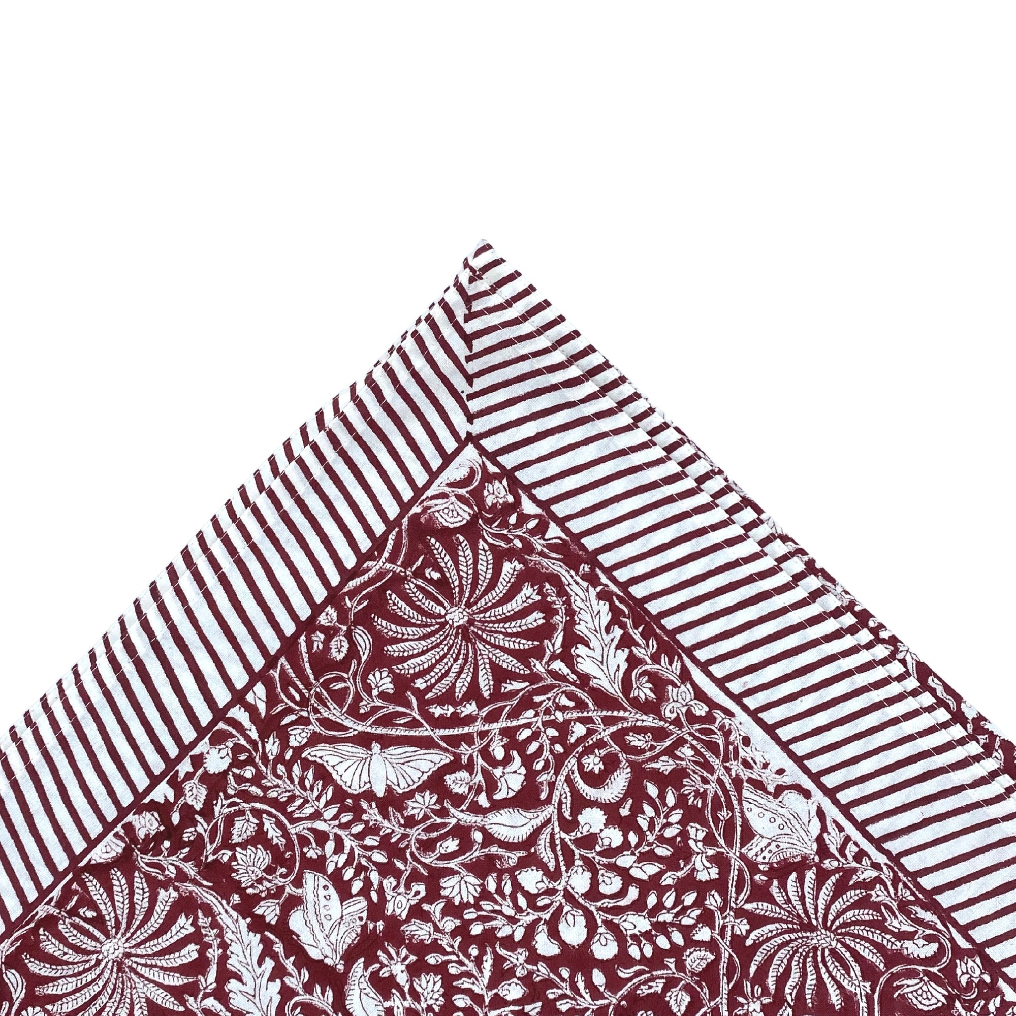 Burgundy rainforest block-print cotton tablecloth with striped edges