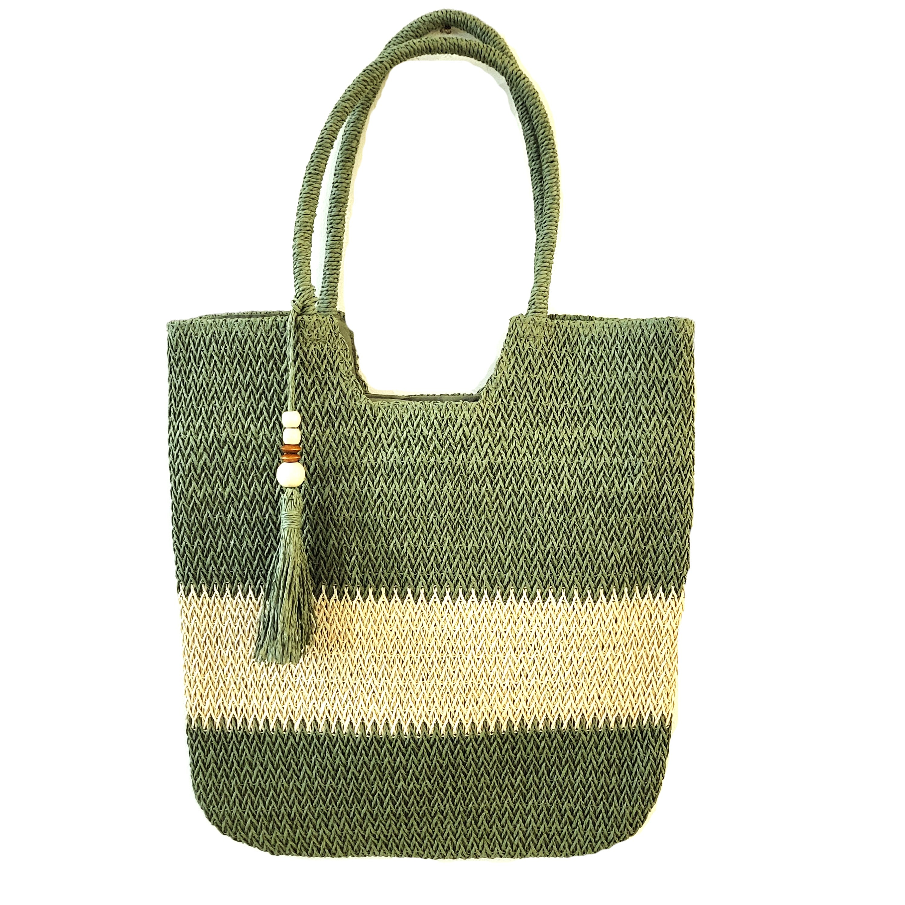 Raphia beach bag in sage with tassel and stripes, handmade