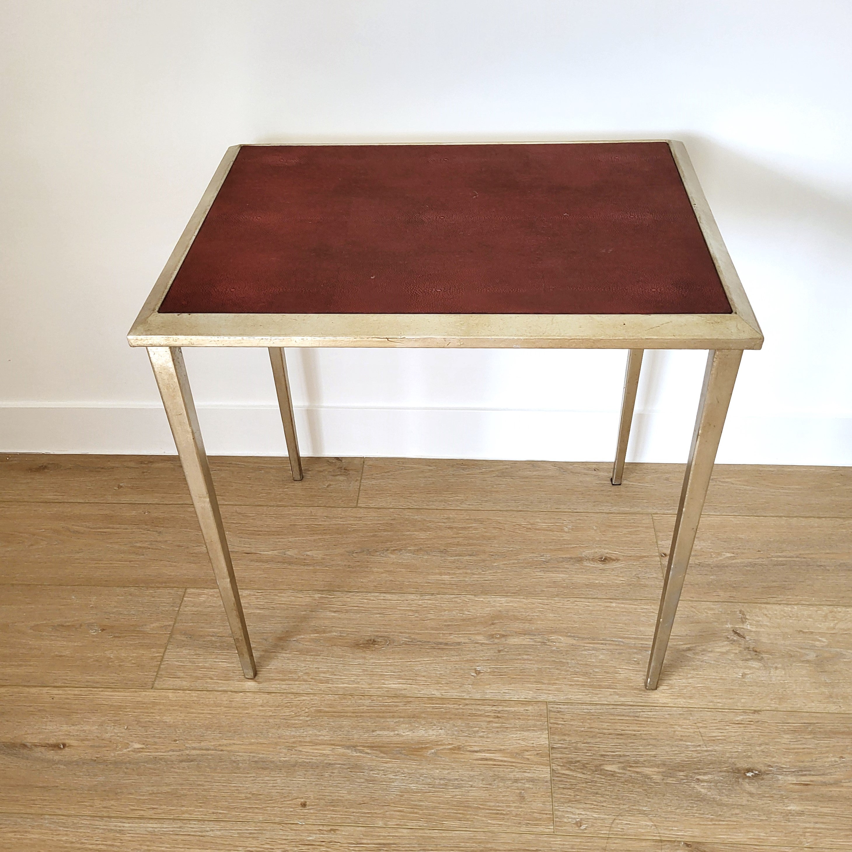 Faux shagreen side table in red with silver effect legs, 60 x 60 x 45 cm