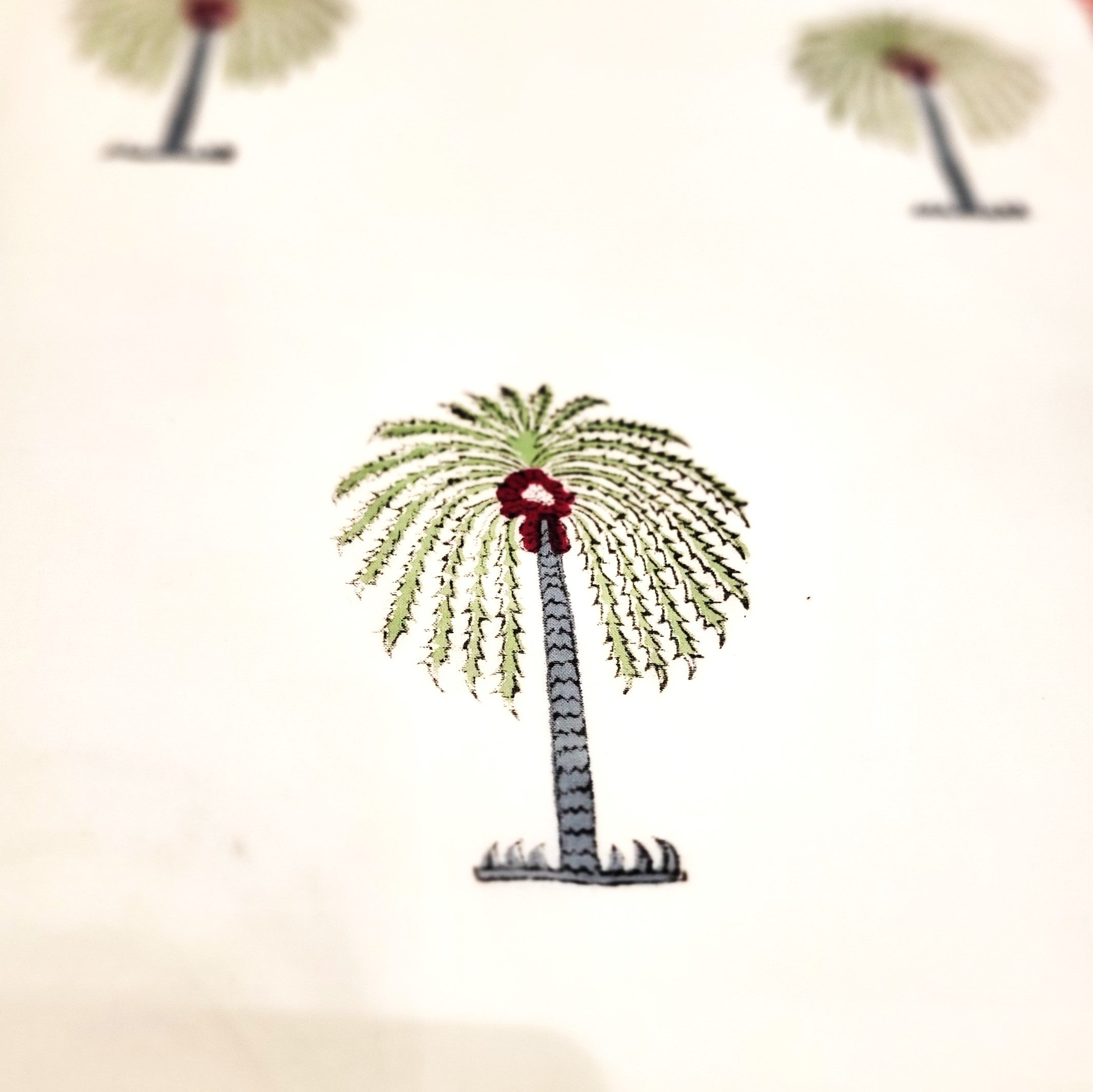 Block-print cotton table runner with palms, 34 x 250 cm