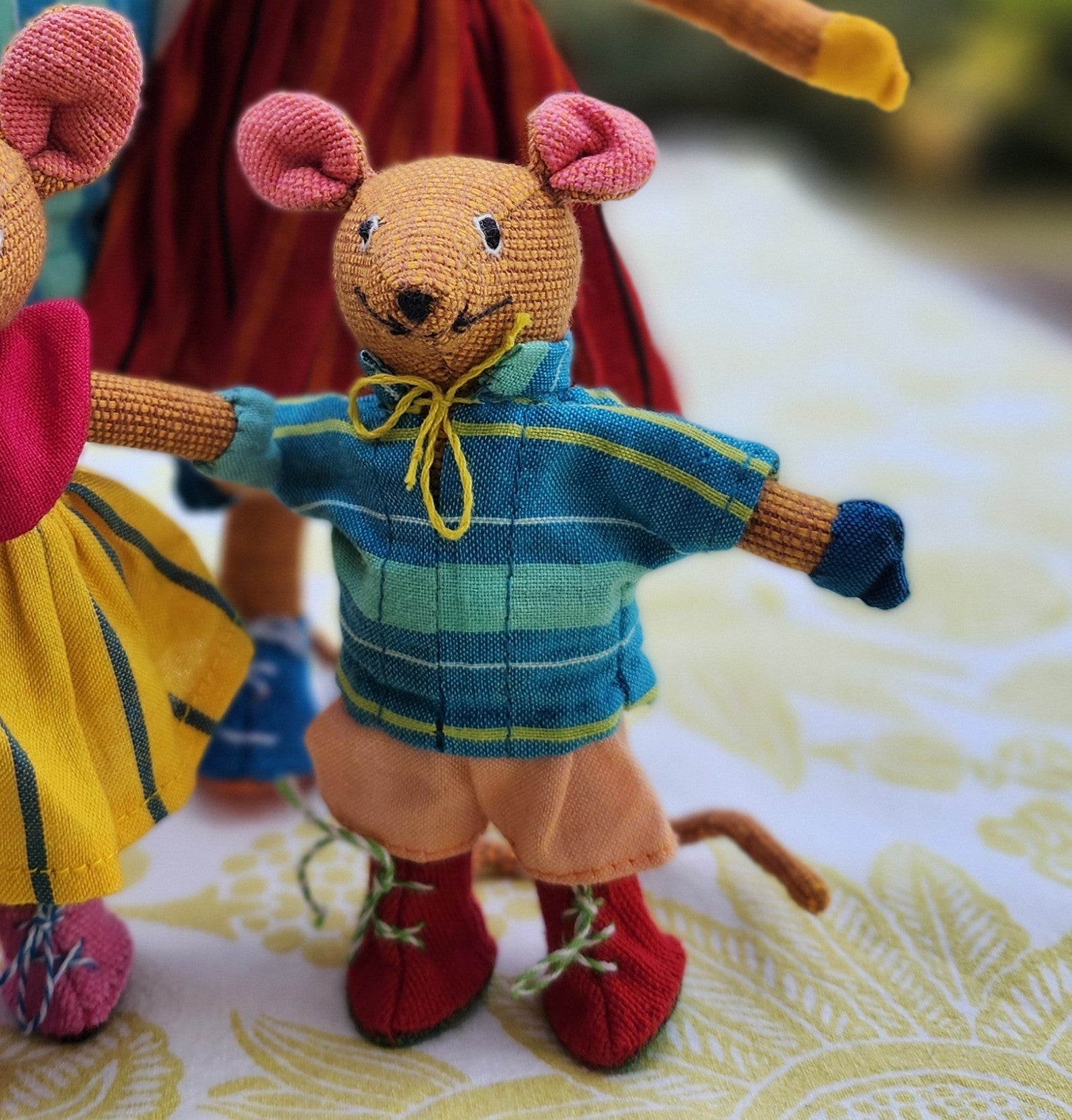 Handwoven fabric mouse, small boy in colourful clothes, Sri Lanka