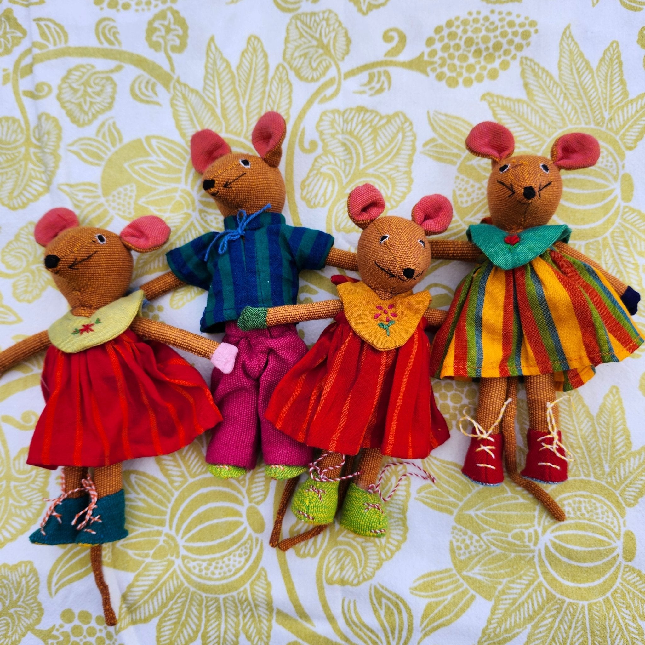 Handwoven fabric mice, medium size group in colourful outfits, Sri Lanka