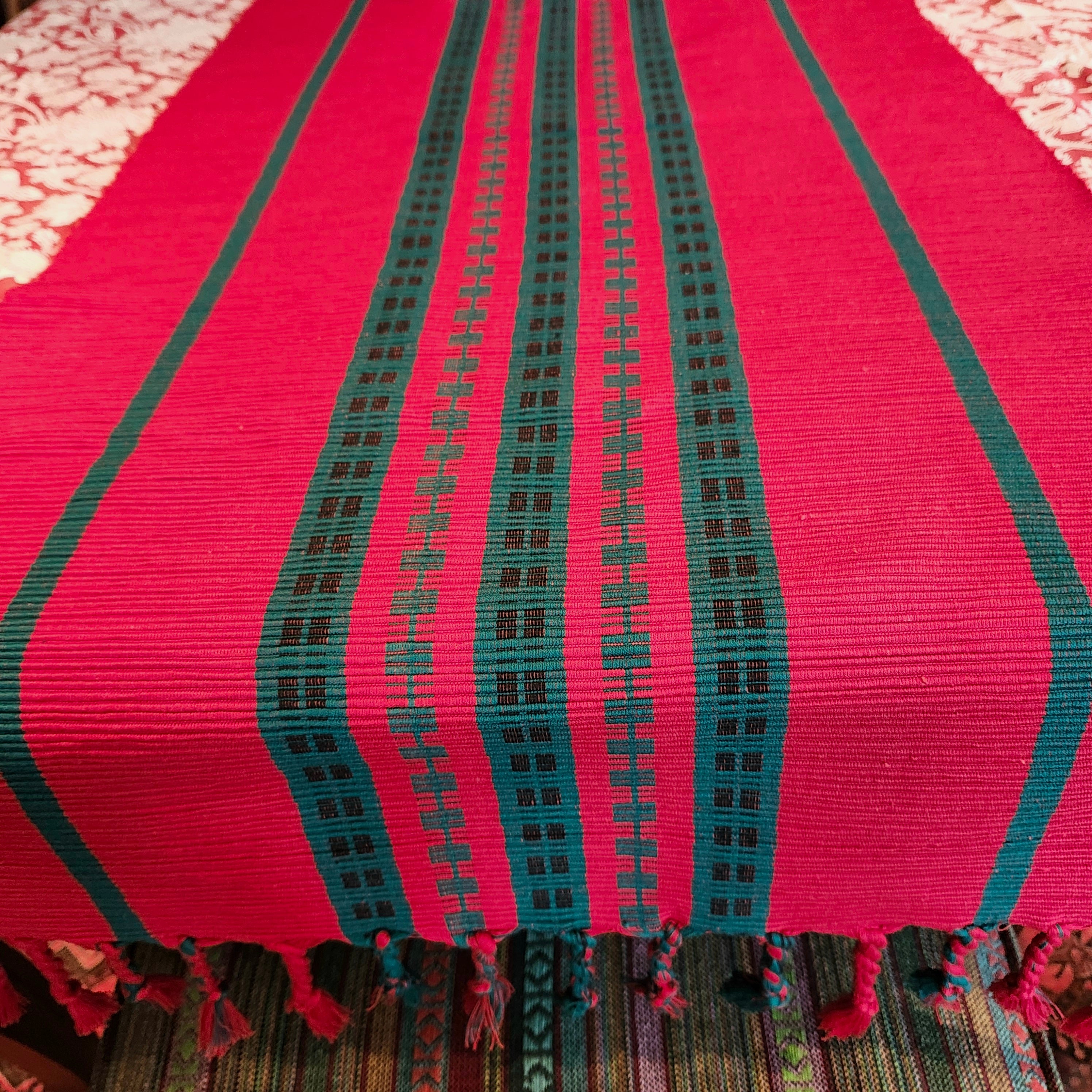 Red and green handwoven cotton runner for table or bed, festive