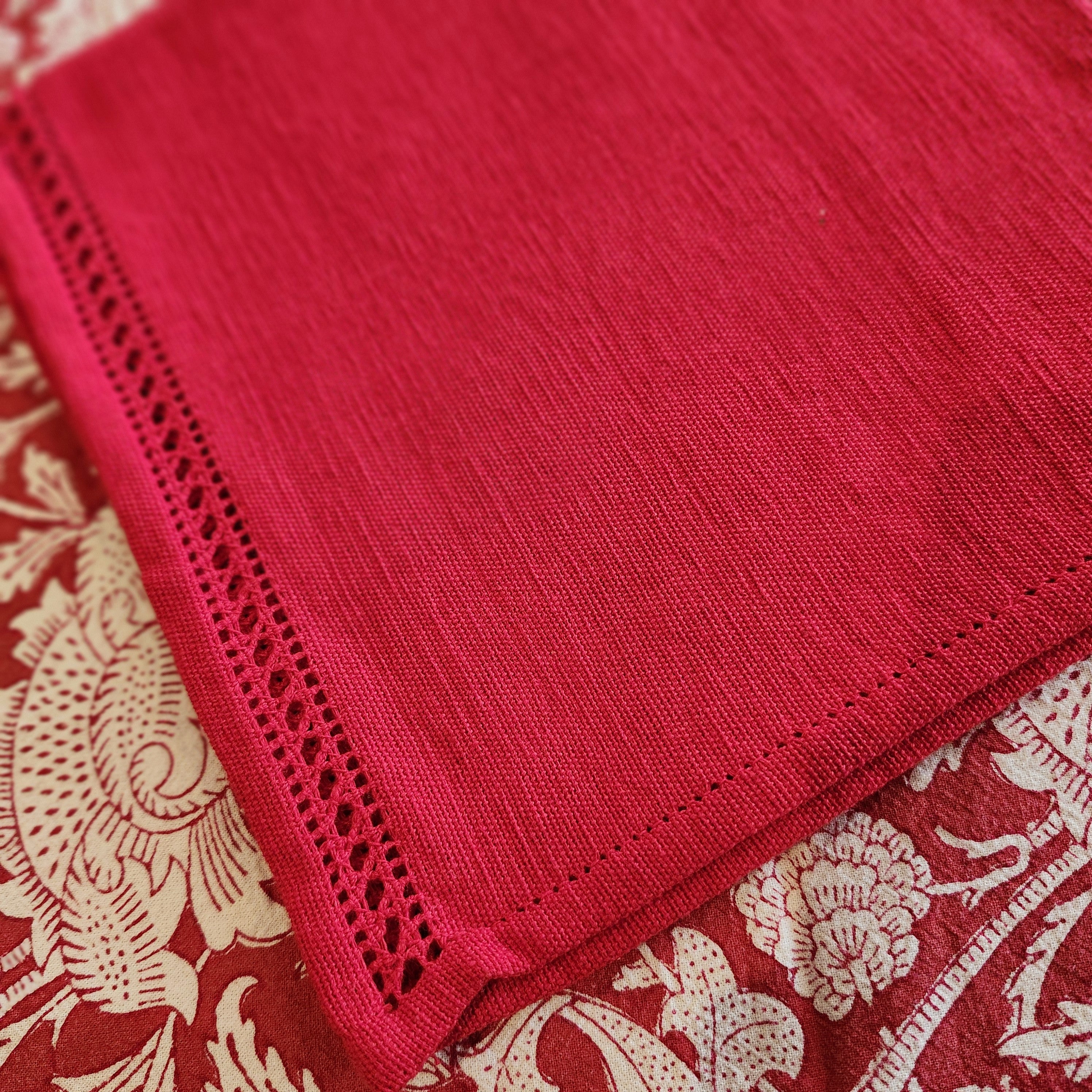 Red hemstitch cotton napkins, handloom, festive, detail view