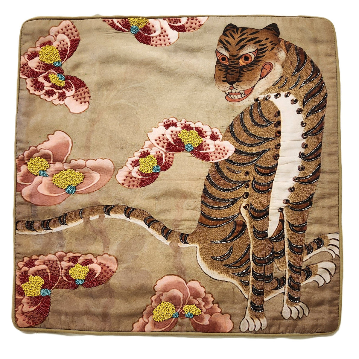 Detail of the hand stitched beading on the Tiger Blossom silk cushion, made in India, zip closure.