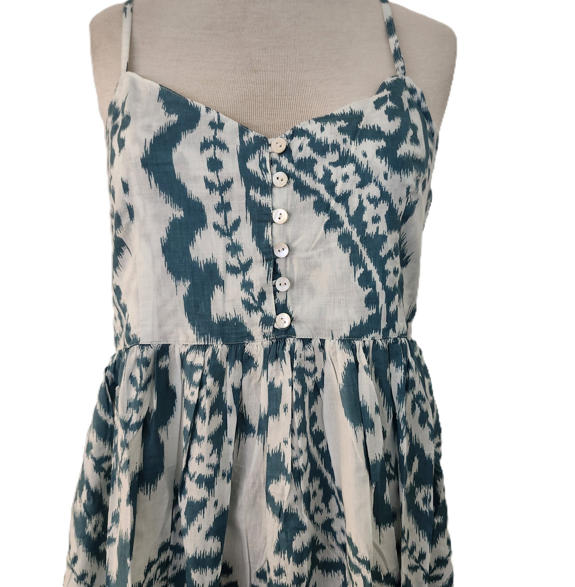 Block-print cotton sundress in an ikat pattern