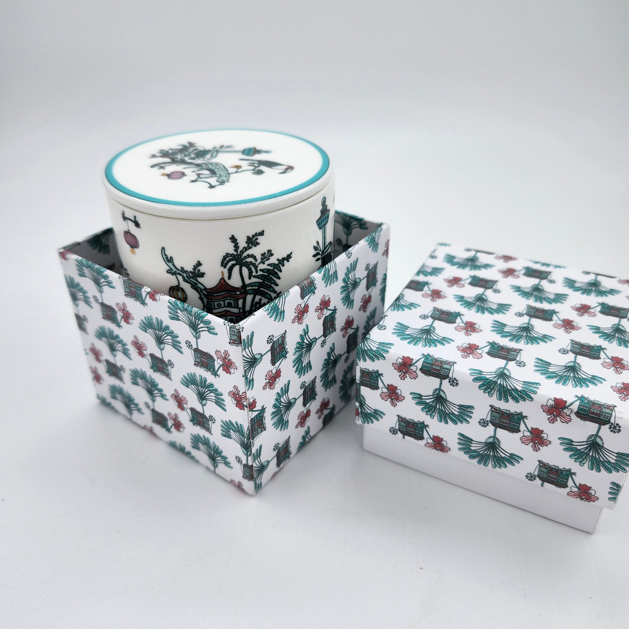Singapore Toile soy wax candle with bone china holder and lid, toile design
