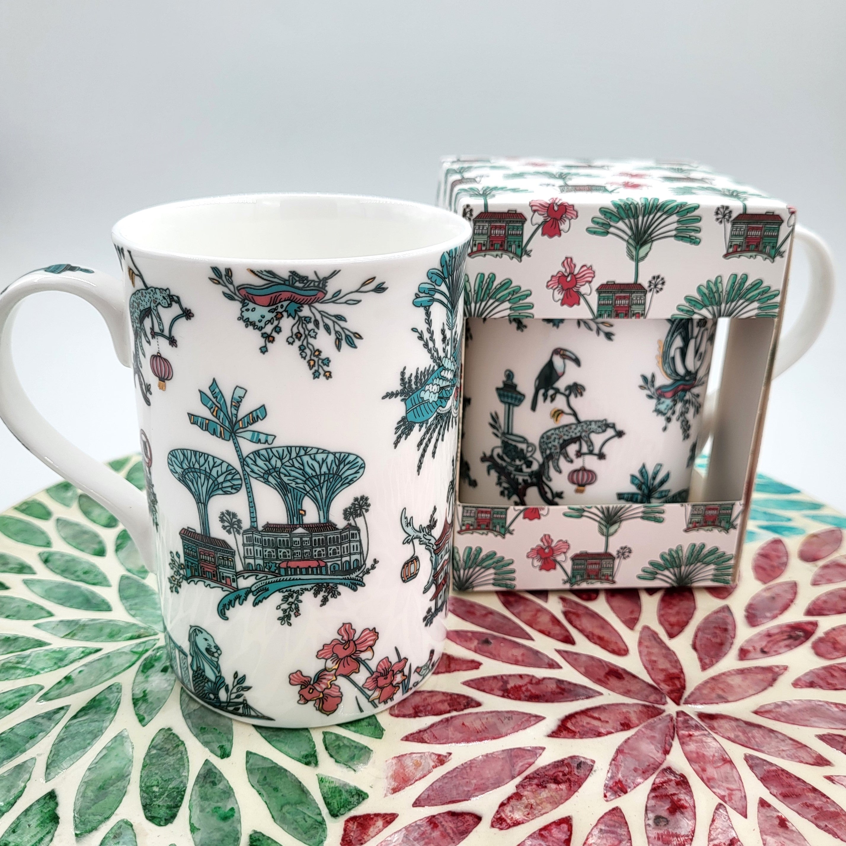 Singapore Toile mug, fine bone china, green, pink and gold toile design, 350ml