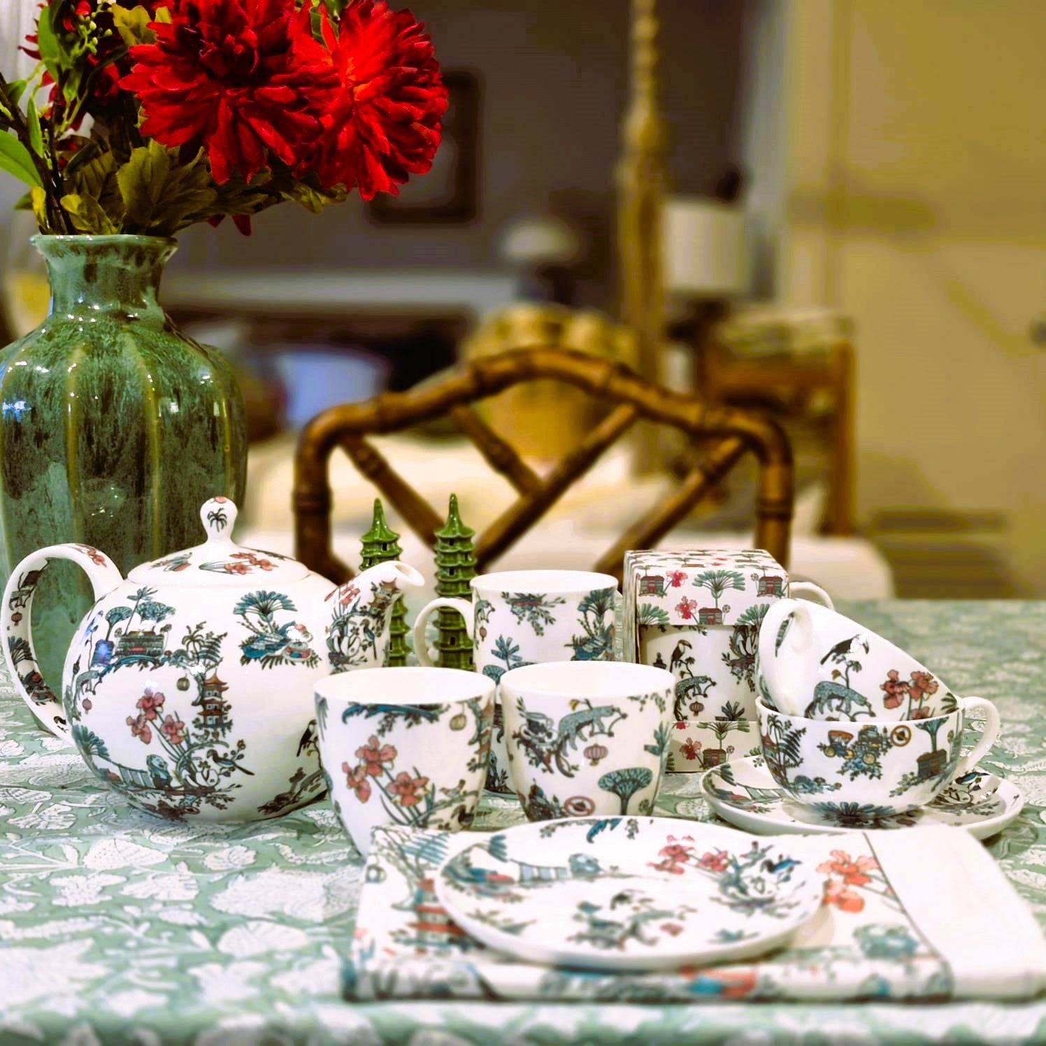 Singapore Toile teapot with cups, fine bone china, styled tea set