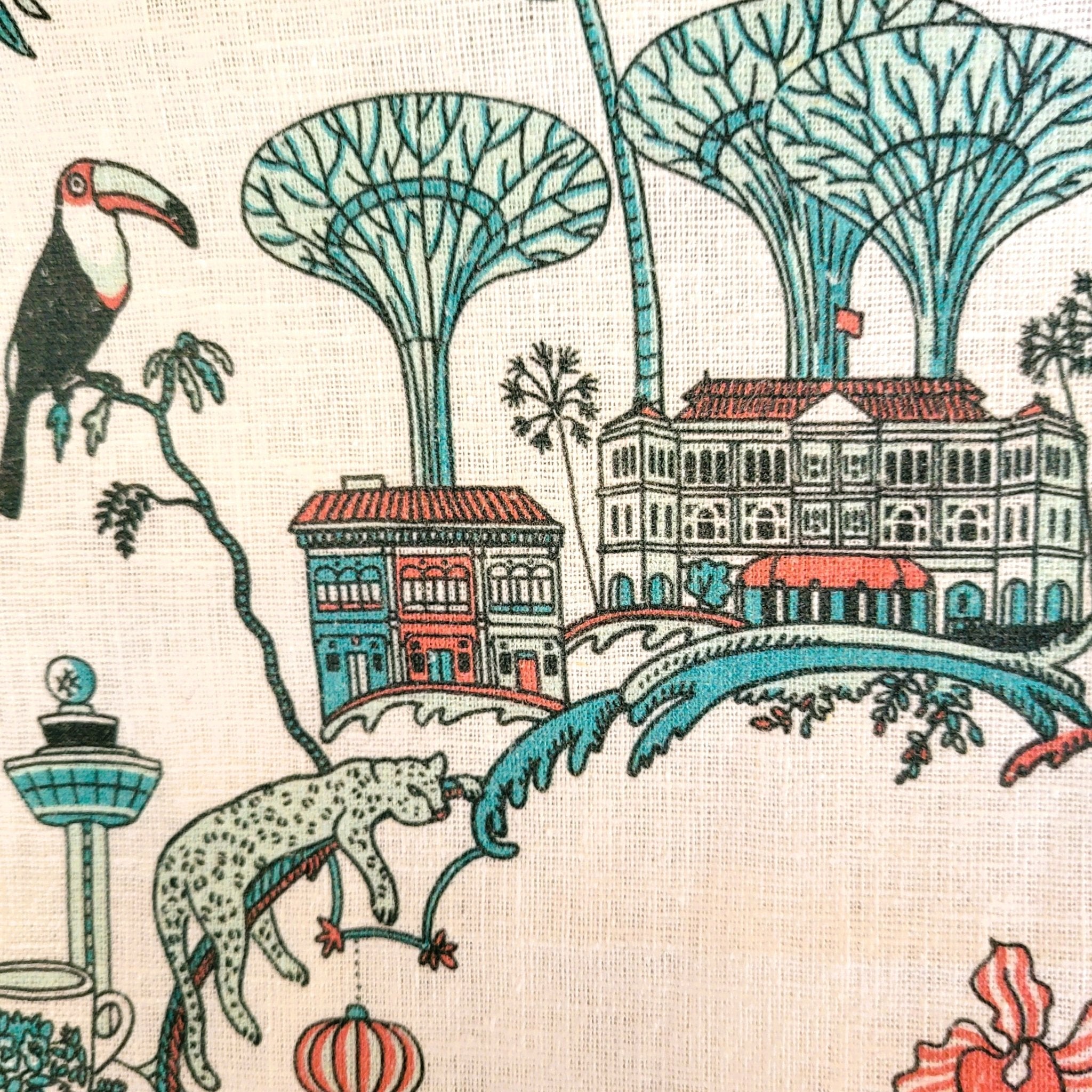 Singapore Toile fine linen tea towel, folded detail