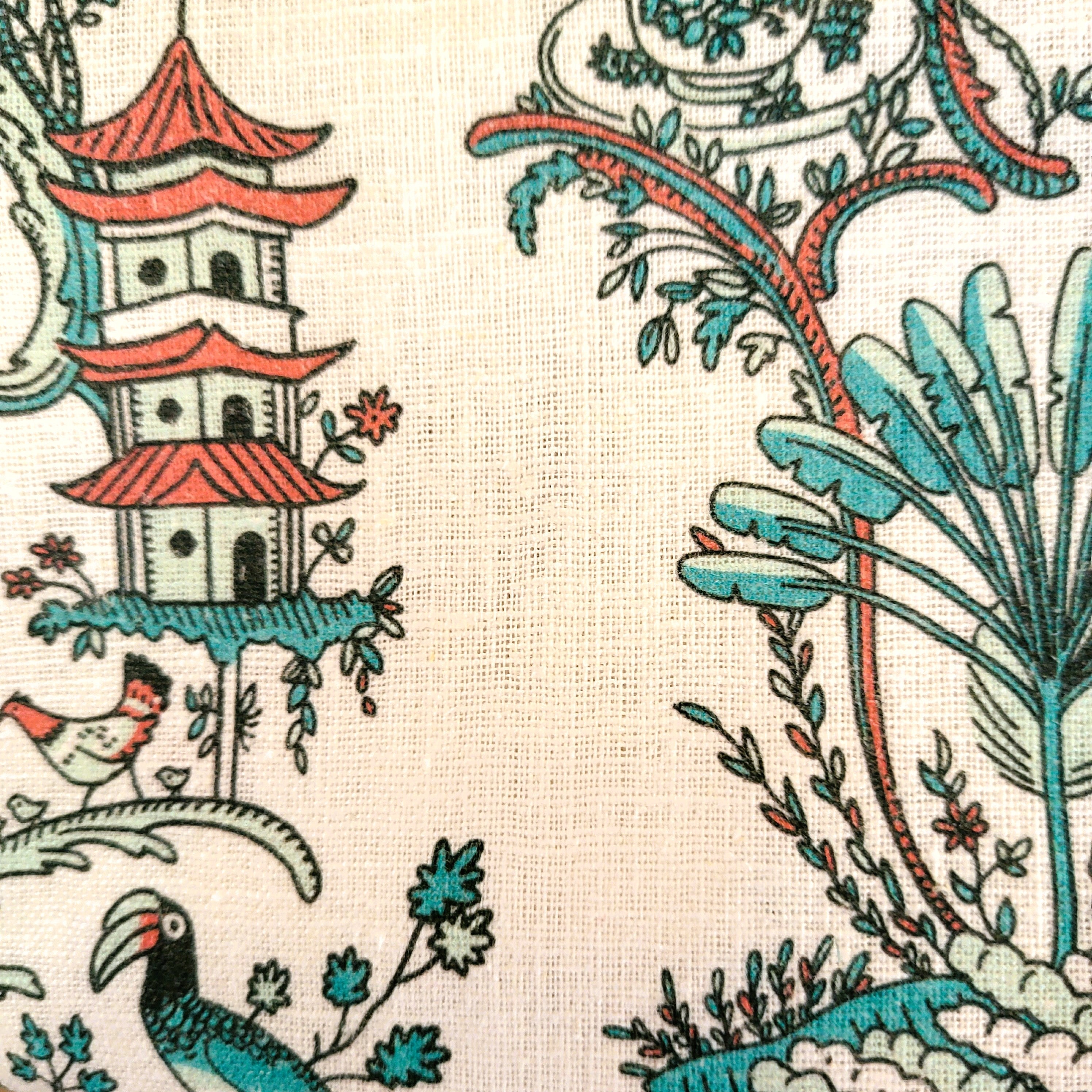 Singapore Toile fine linen tea towel, close view of pattern