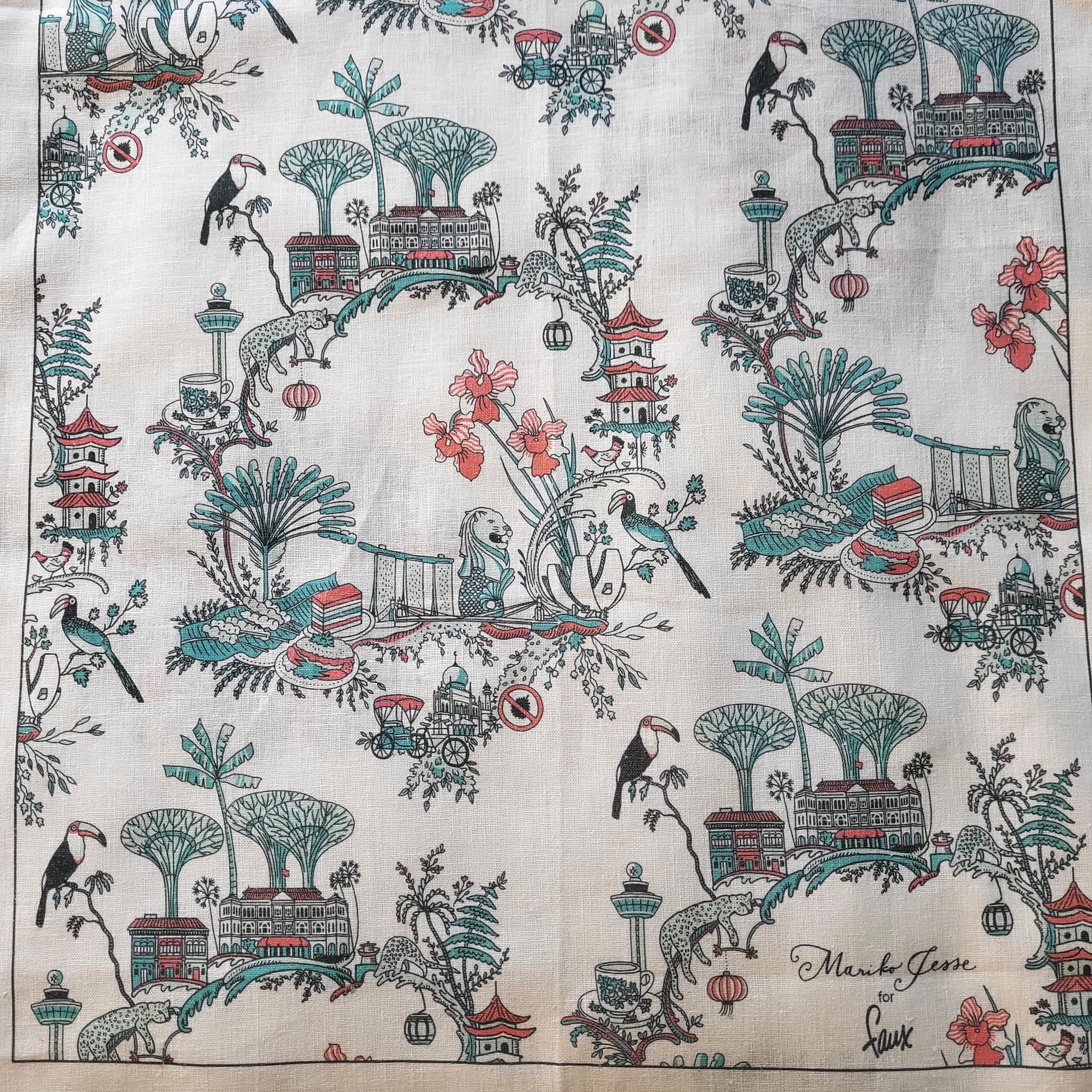 Singapore Toile linen tea towels, available as a set of two prints