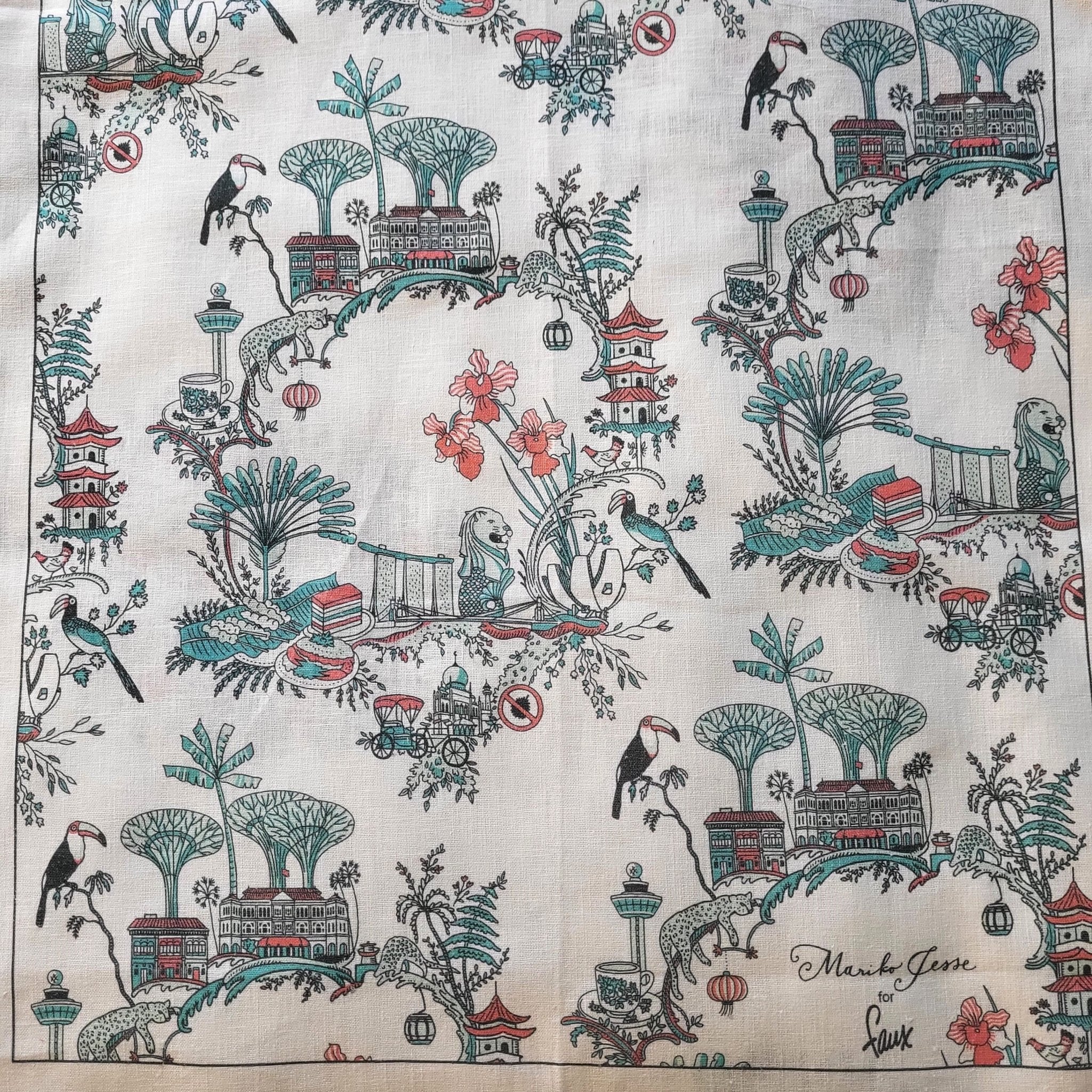 Singapore Toile linen tea towels, available as a set of two prints