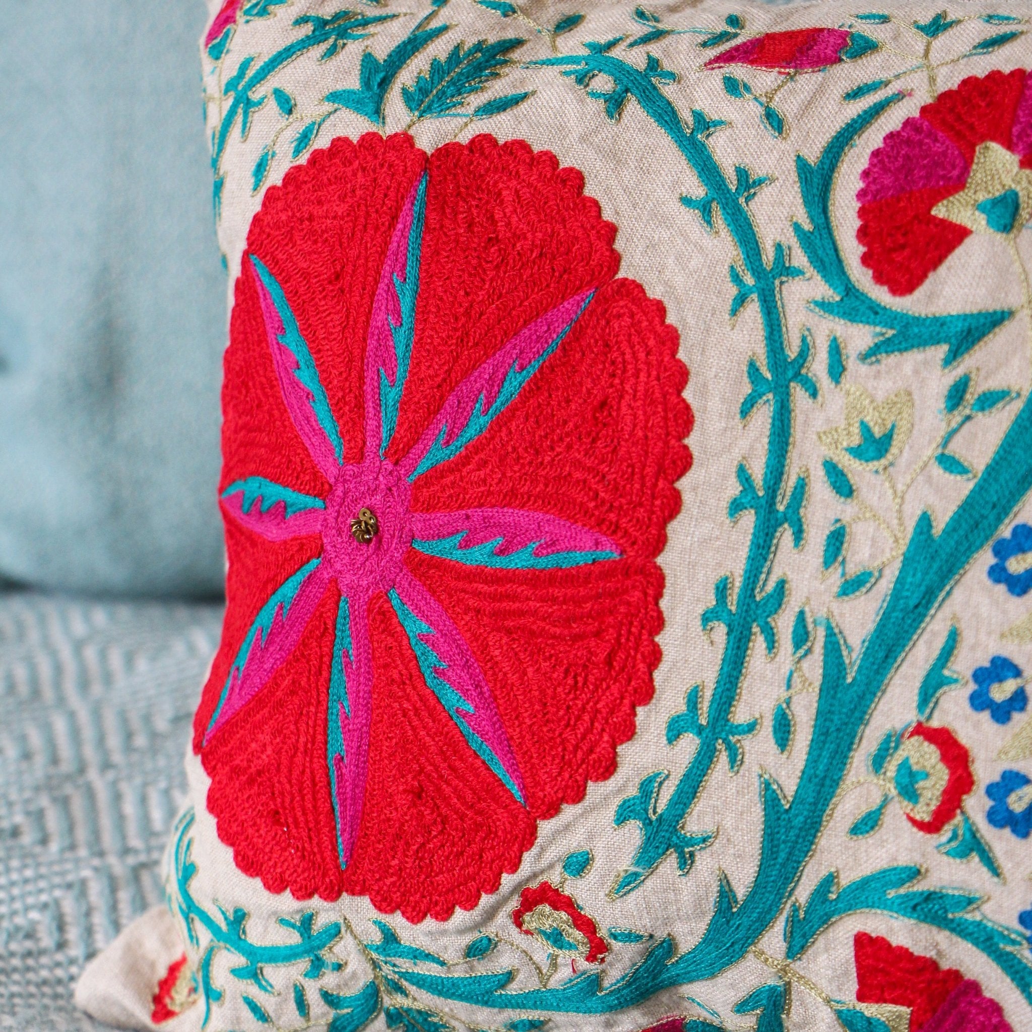 Suzani Fergana linen cushion, asymmetric suzani embroidery