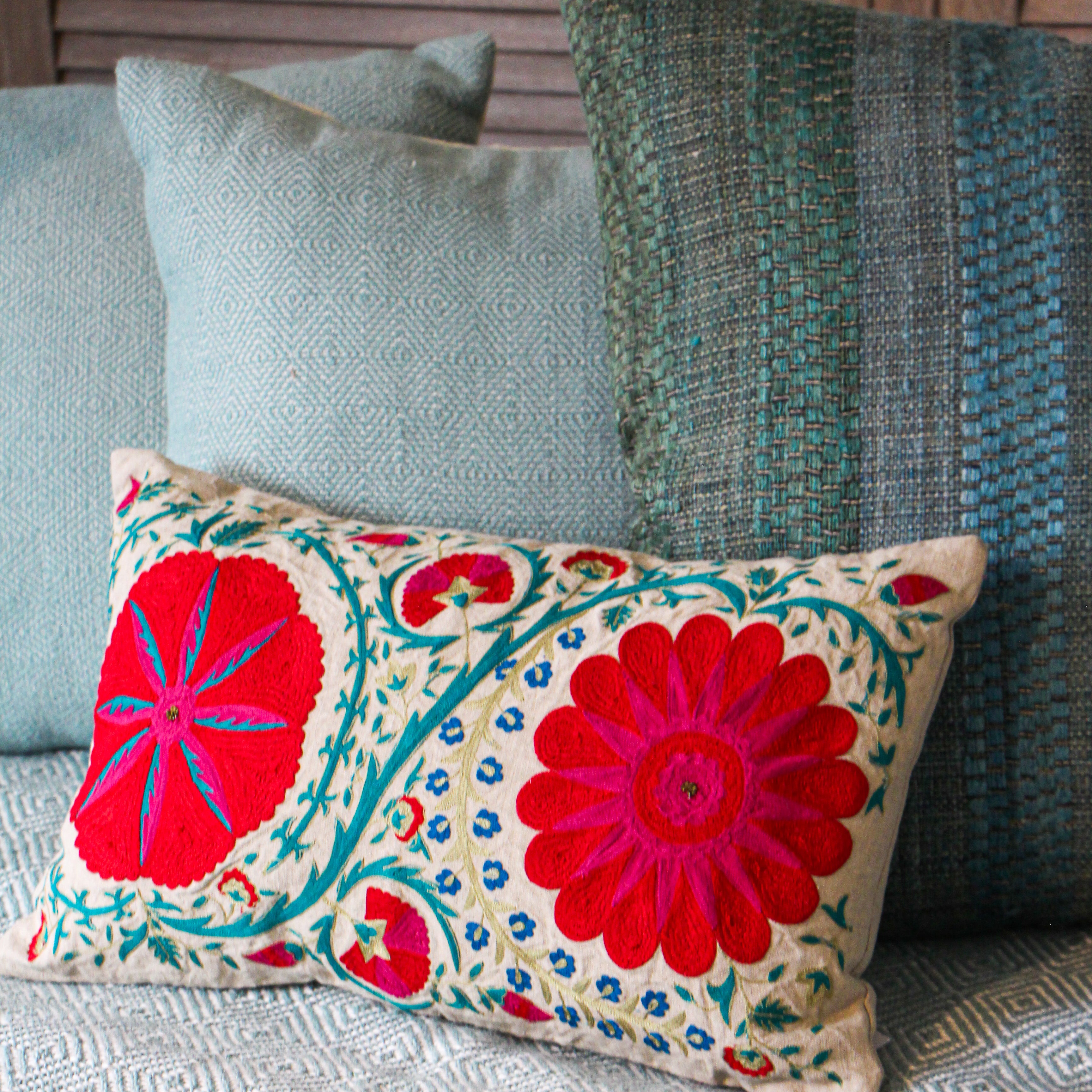 Suzani Fergana linen cushion, hand-stitched detail