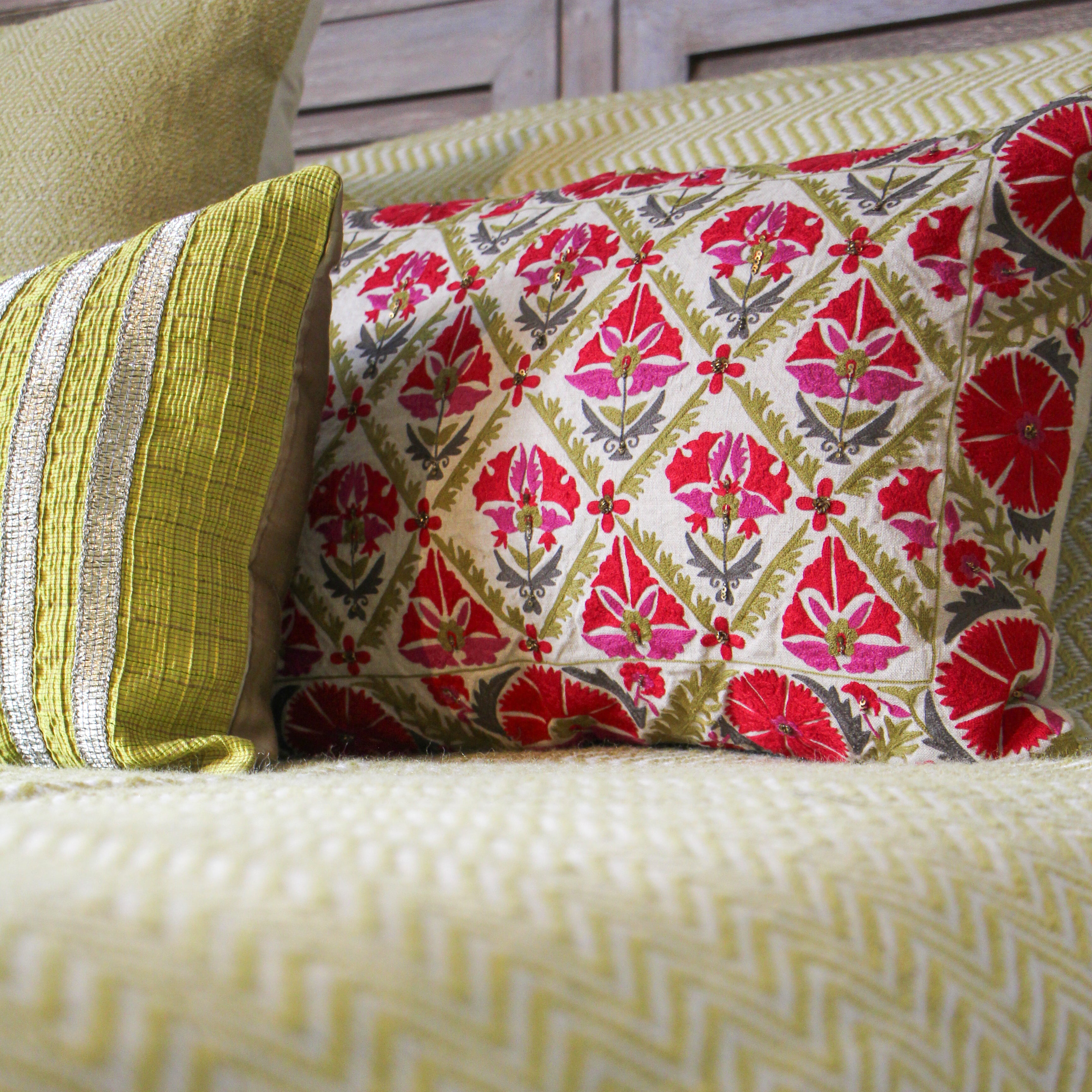 Suzani Gulestaan linen cushion, styled view