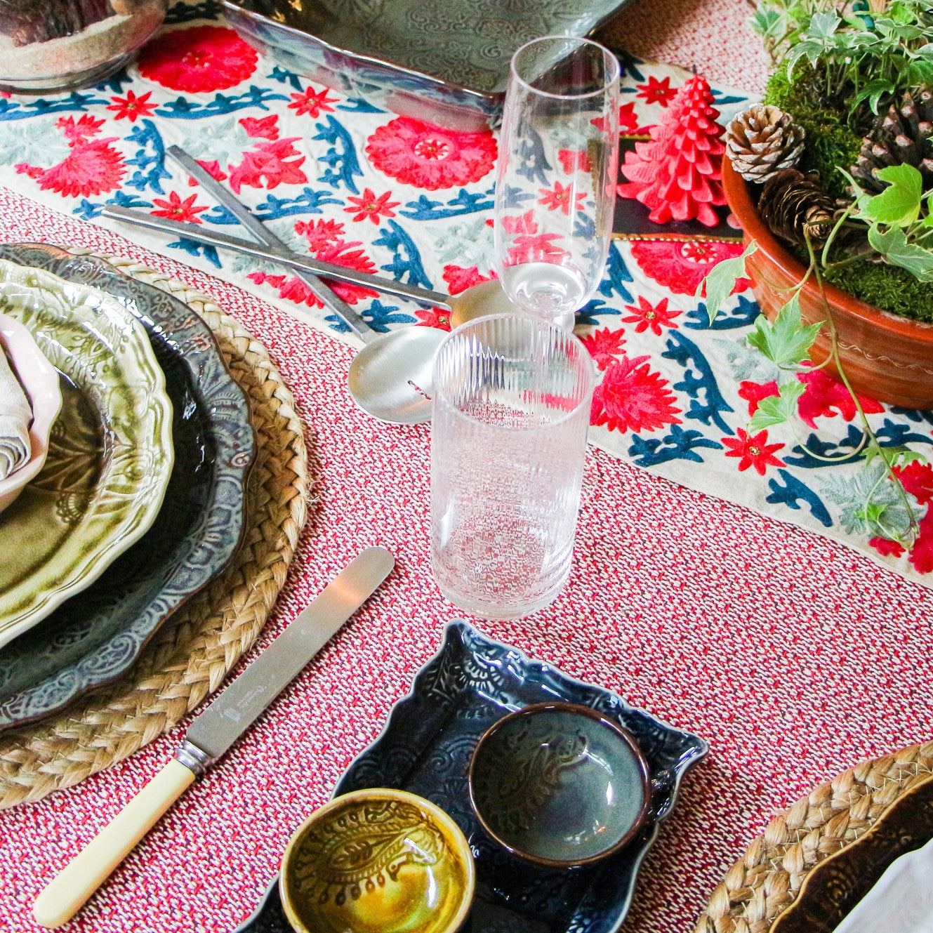 Suzani Niksaar linen table runner, styled view