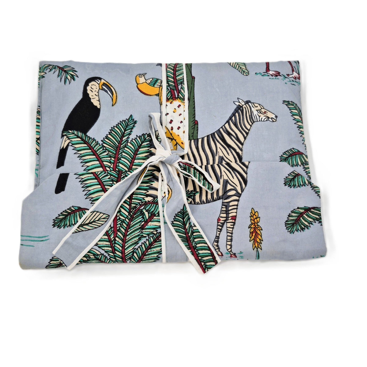 Safari print cotton poplin pyjamas, an alternative view of the cheetah, zebra and palm block print.