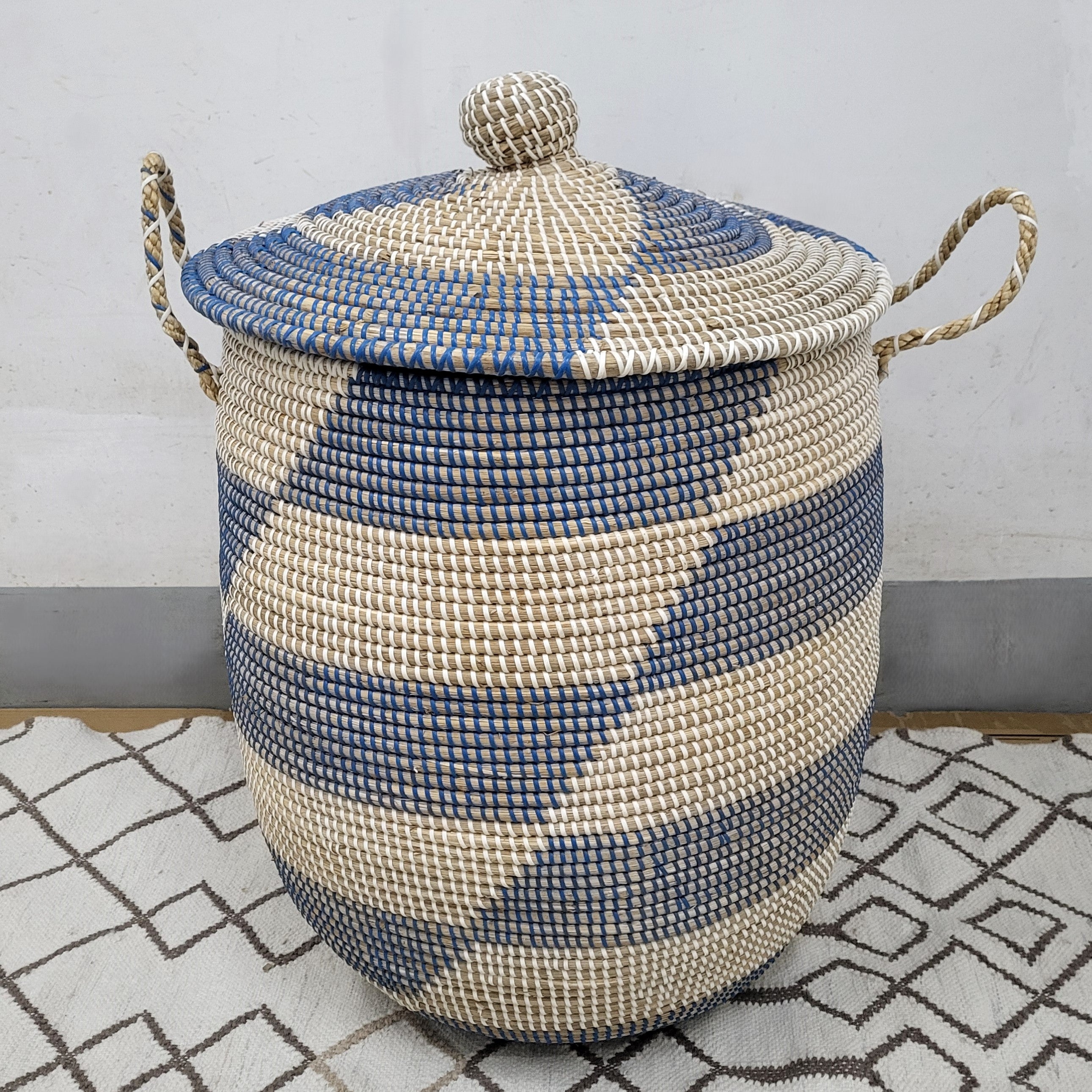Large blue seagrass laundry basket with lid, handwoven